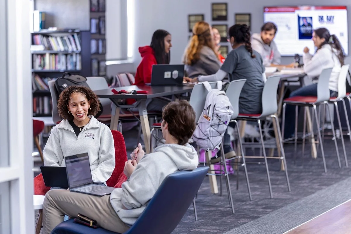 students walking down stairs