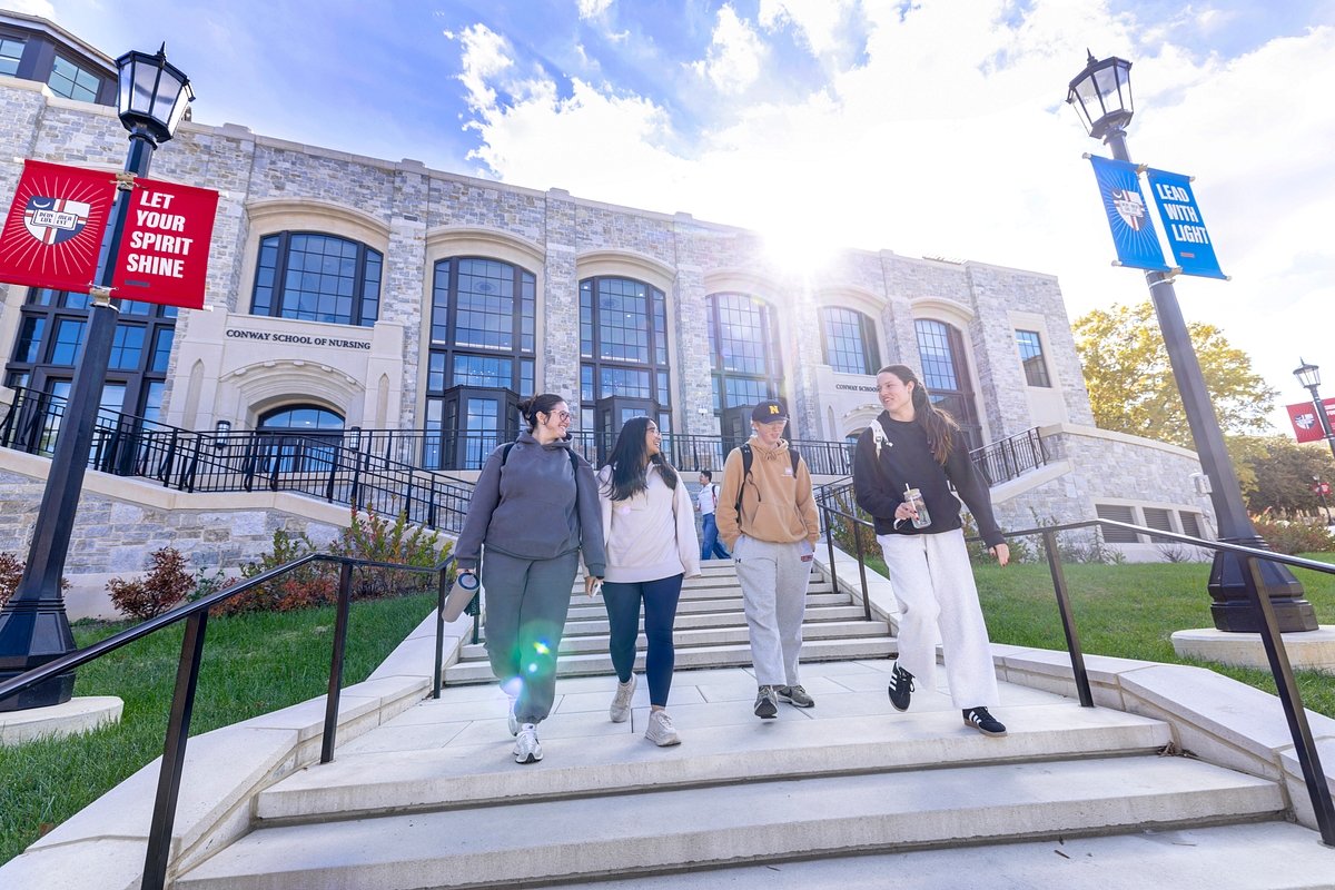 students walking down stairs