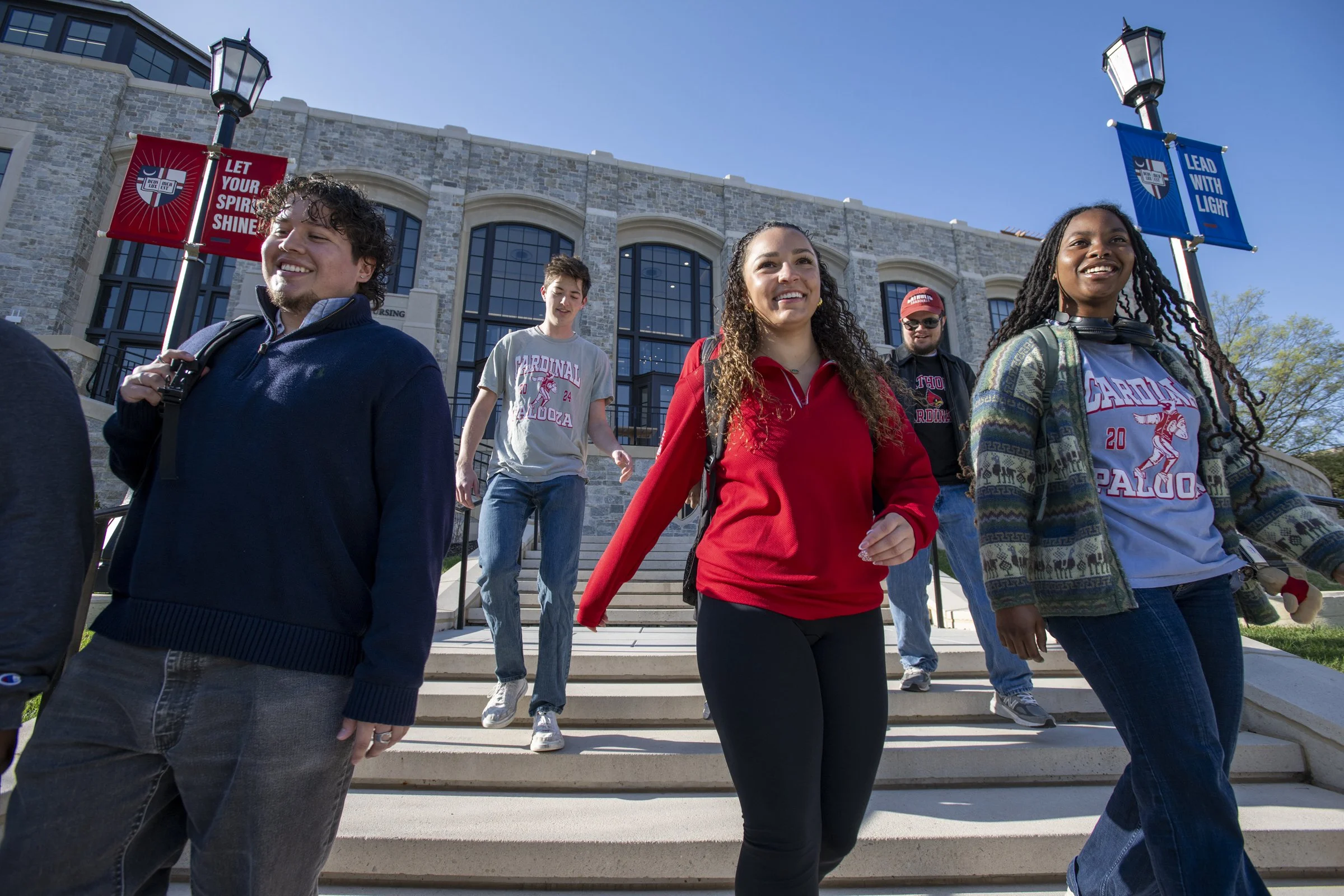students walking down stairs