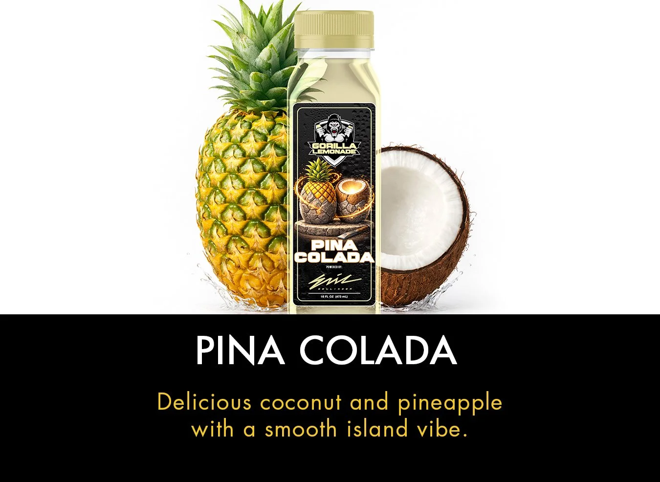 A bottle of Gorilla Lemonade pineapple-flavored drink with a pineapple and coconut beside it. The pineapple is on the left and the coconut is on the right, both with water splashes around them.