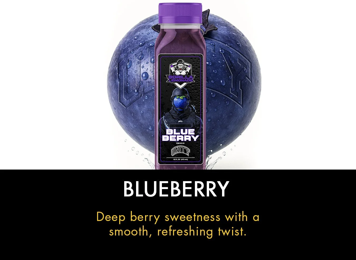 A bottle of Blueberry flavored beverage with a dark purple label featuring a stylized character with a blueberry head, set against a large blueberry with water droplets and an electronic circuit pattern in the background.