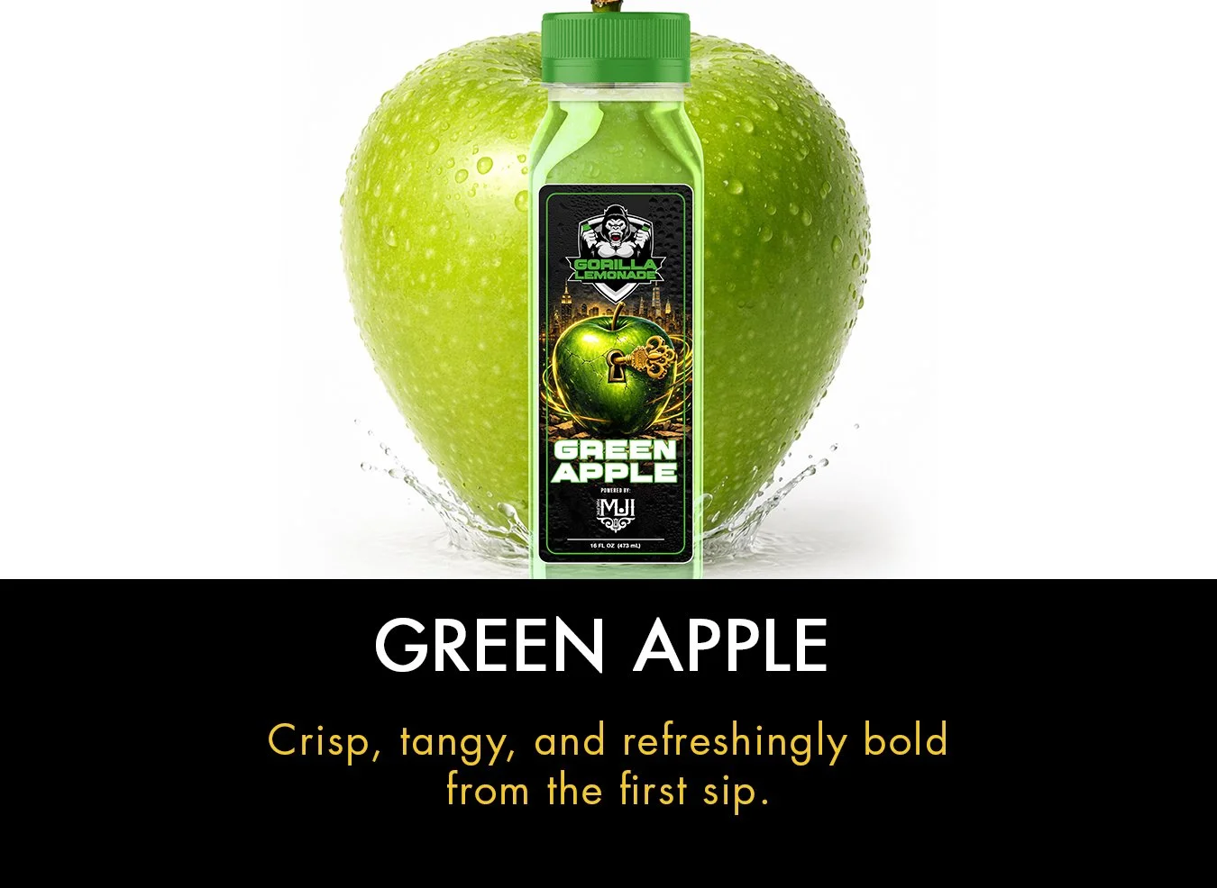 An advertisement for Gorilla Lemonade Green Apple flavor showing a large green apple and a plastic bottle of green lemonade with a label featuring a green apple with a keyhole and a cityscape background.