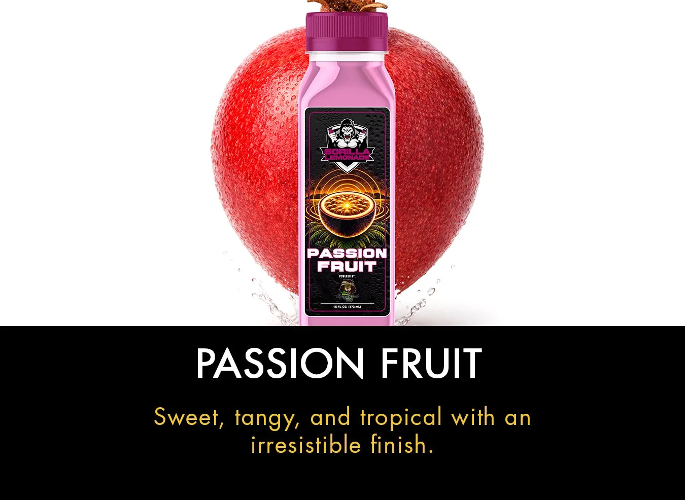 A bottle of Gorilla Lemonade Passion Fruit flavored beverage in front of a large red passion fruit with water droplets.
