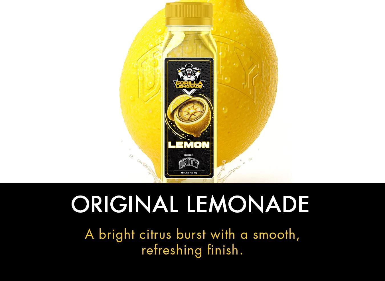 A bottle of Goilla Lemonade with a large lemon in the background, and the text "Original Lemonade" with a description "A bright citrus burst with a smooth, refreshing finish."