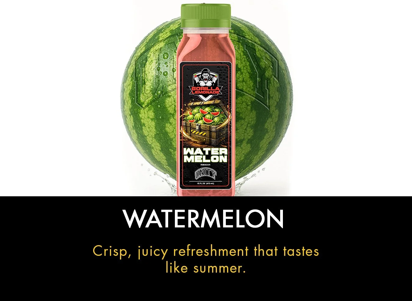 A bottle of Gorilla Lemonade Watermelon flavor placed in front of a large watermelon with digital circuit-like patterns on its surface.