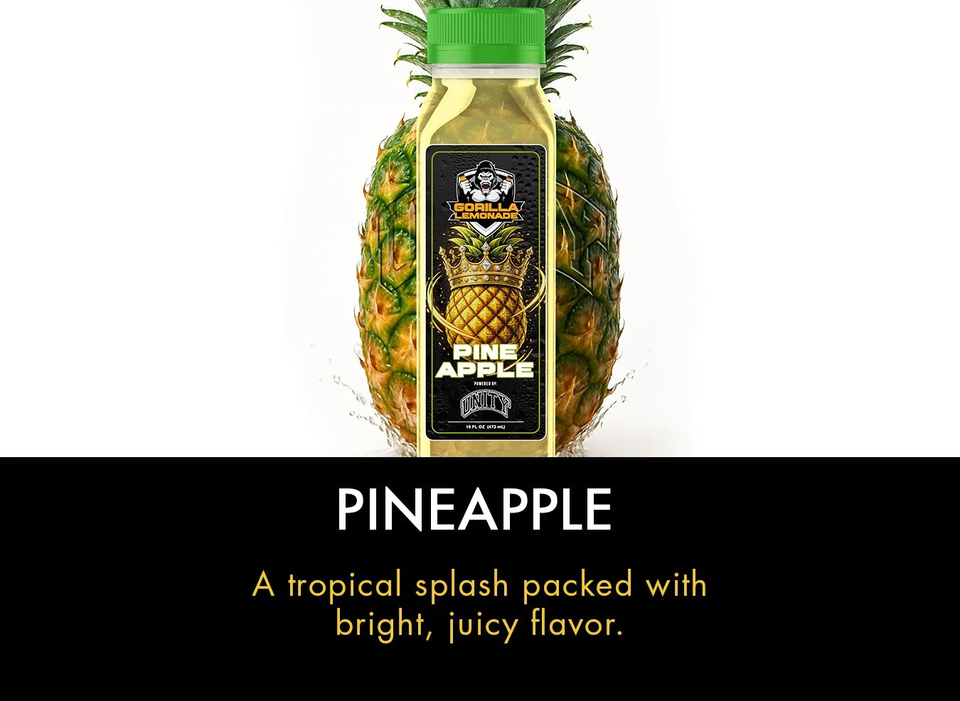 A bottle of pineapple flavoring surrounded by a pineapple and tropical design with the label 'Gorilla Lemonade Pineapple' and the description 'A tropical splash packed with bright, juicy flavor.'