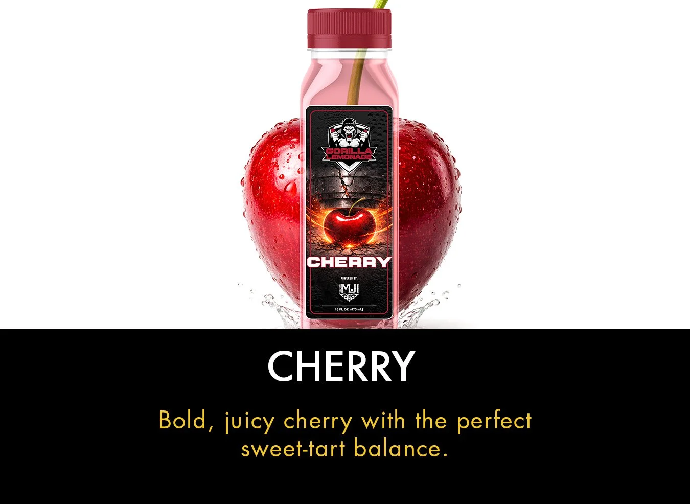 A bottle of Gorilla Lemonade Cherry flavored beverage with a cherry graphic and a red cap, positioned in front of a large, water-droplet-covered cherry.