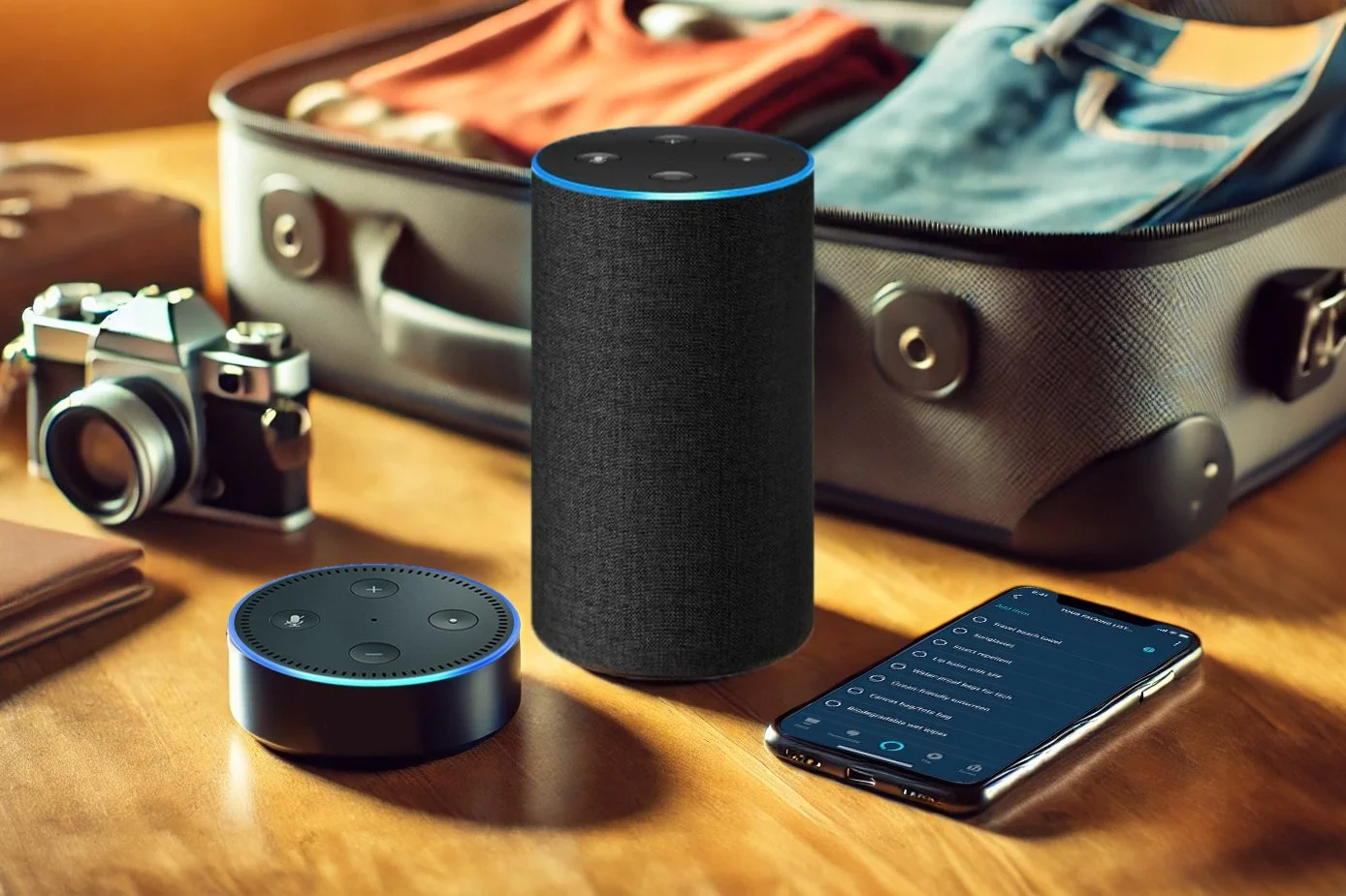 Two Amazon Echo devices and mobile phone showing the Contiki Alexa skill packing list with an open suitcase being packed in the background