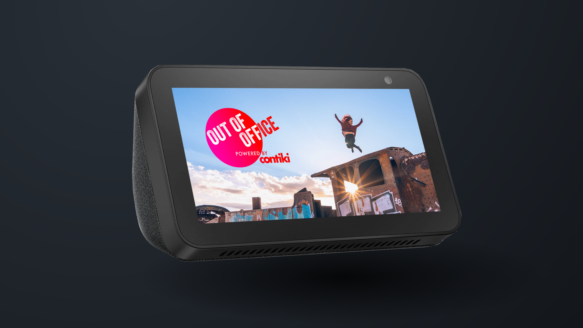 Voice-forward Echo device displaying the Out of Office advert at the end of the Alexa skill