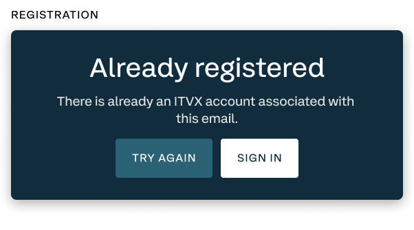 Initial registration modal when ITV recognised an account associated with an email entry.
