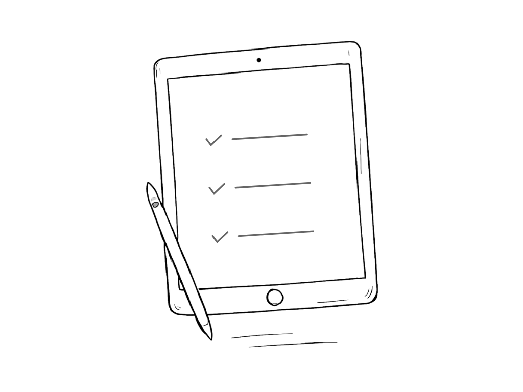 Line drawing of a tablet with three checkmarks and a stylus pen on the side