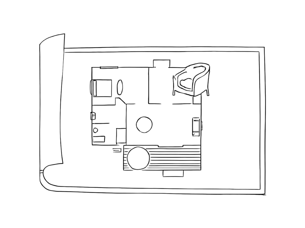 Top-down view of a floor plan of a small apartment or office space, including rooms, furniture, and hallway.