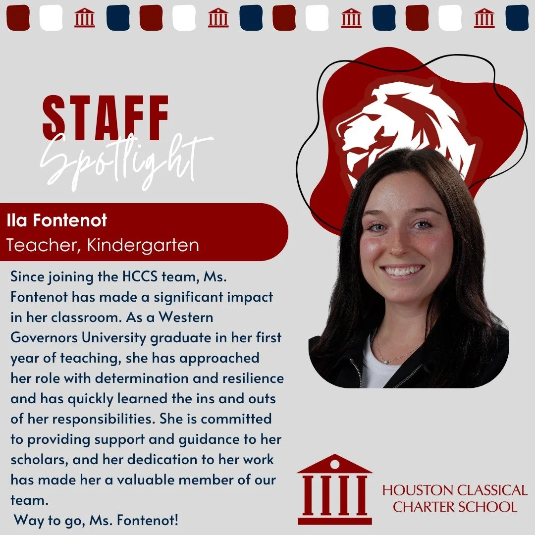Happy Friday! It&rsquo;s that time for Staff Spotlight again! This week, we're happy to shine the spotlight on Ms. Fontenot! Thank you for your hard work, dedication, and all that you do for our scholars! #HoustonClassical #HCCSStaffSpotlight