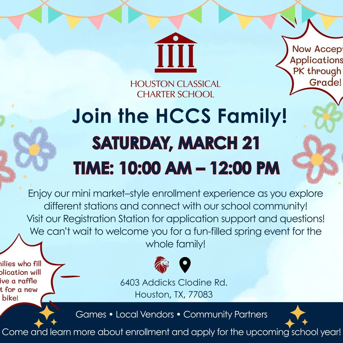 🌸 Spring Enrollment Event! 🌸
Potential families, this is your chance to apply for a spot at our school for the upcoming school year!
Newly accepted families can also get help with registration and submitting required documents during the event.
Com