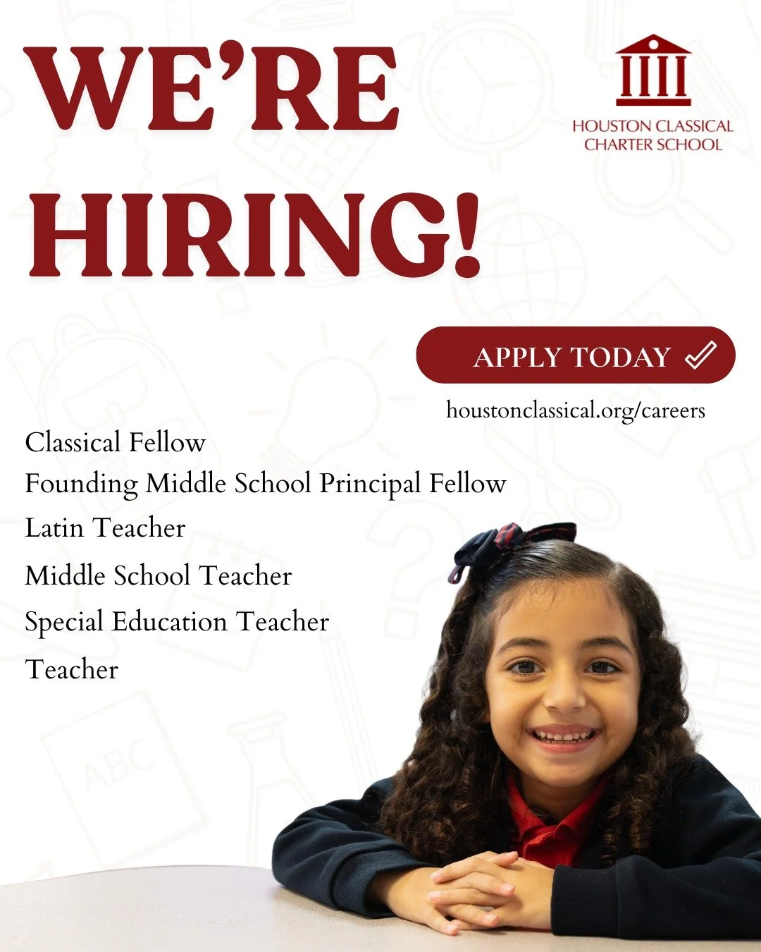 Houston Classical Charter School is growing&mdash;and we&rsquo;re looking for passionate, mission-aligned educators to join our team!

If you believe all scholars can achieve at the highest levels and are excited about classical education, rigorous a