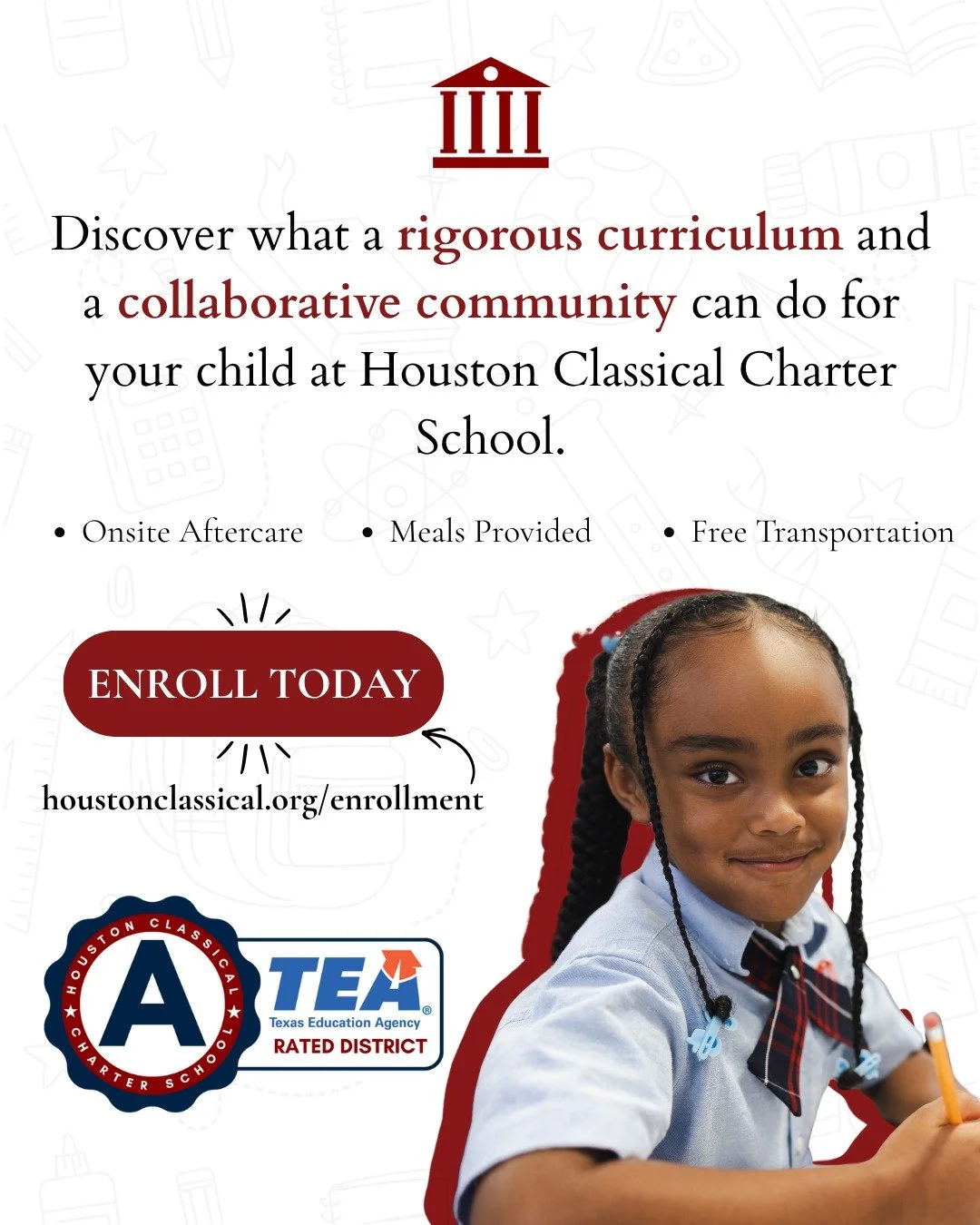 Discover what a rigorous curriculum and a supportive community can do for your child at Houston Classical Charter School 📚✨

Now enrolling for the 2026&ndash;2027 school year!

- Onsite aftercare
- Meals provided
- Free transportation
- And so much 