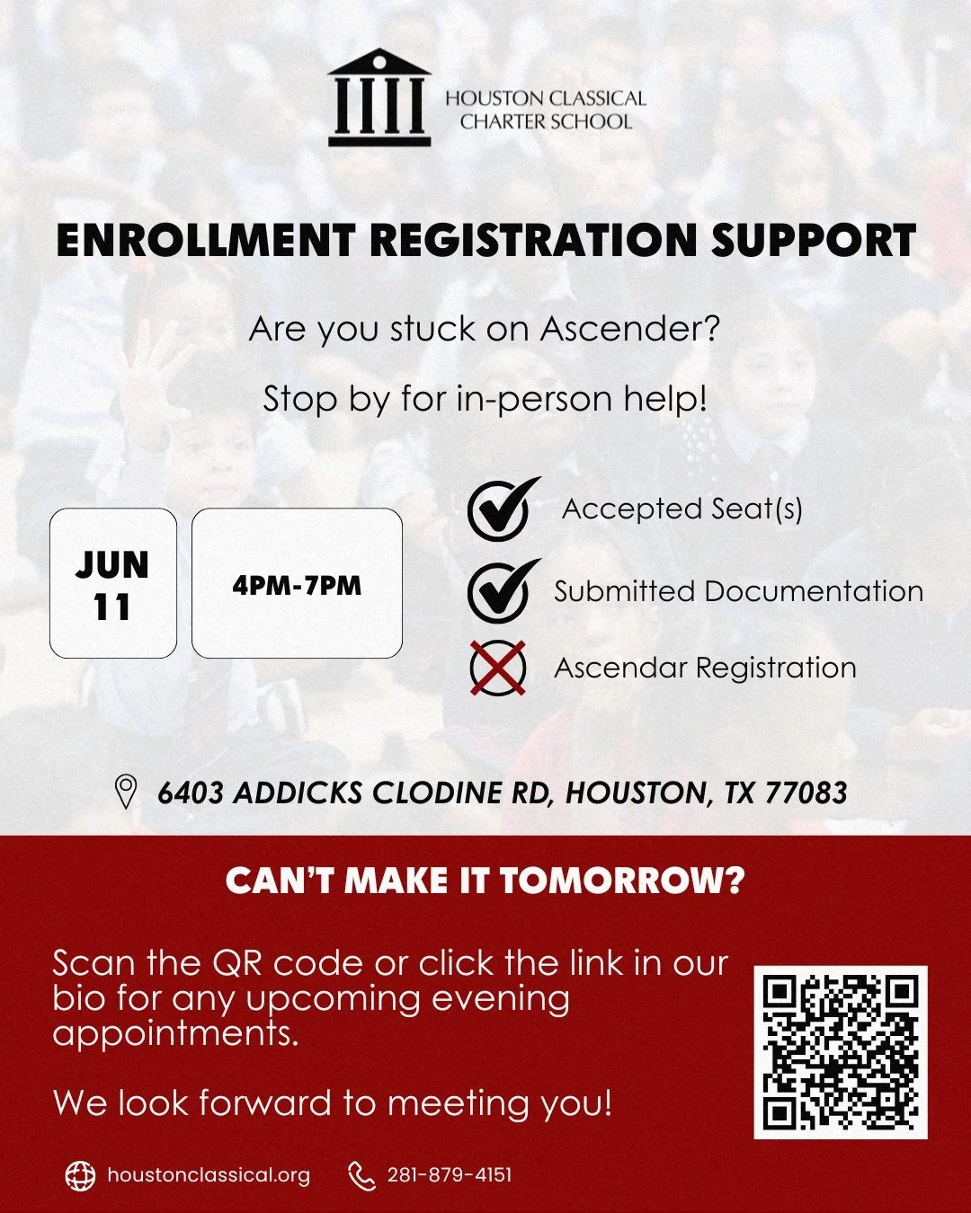 Are you stuck on the final step of registration? Our team is here to help!

Join us tomorrow, June 11, from 4:00 PM&ndash;7:00 PM during our Enrollment Registration Support Hours. 

Our team will be available to answer questions and provide assistanc