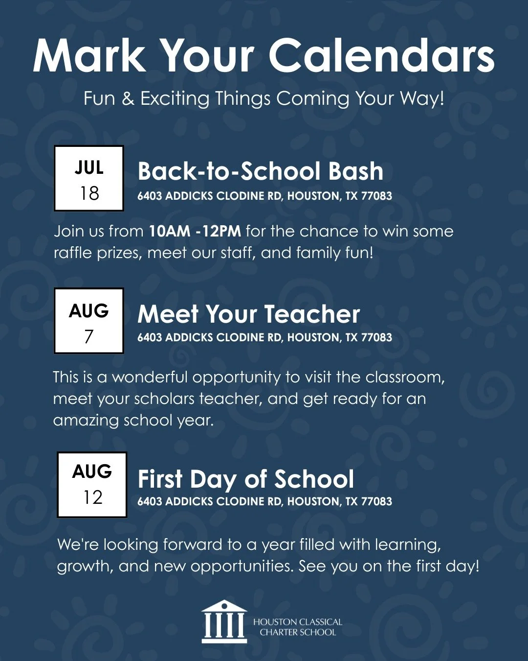 Join us on campus for our Back-to-School Bash and Meet Your Teacher event as we get ready to kick off a year full of learning, growth, and new opportunities!

We can&rsquo;t wait to welcome back our returning families and meet our new scholars on the