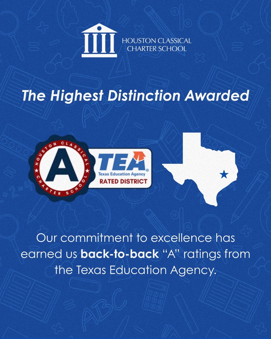 Excellence is more than a goal, it's our standard.

Houston Classical Charter School is proud to have earned back-to-back "A" ratings from the Texas Education Agency, the highest distinction awarded. 🏆

Are you looking for a school where y