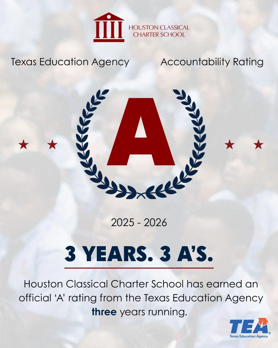 We are so proud to announce that Houston Classical has received another &ldquo;A&rdquo; Rating from the Texas Education Agency, @texaseducationagency, for the third consecutive year! 🎉

This continued recognition would not be possible without the in