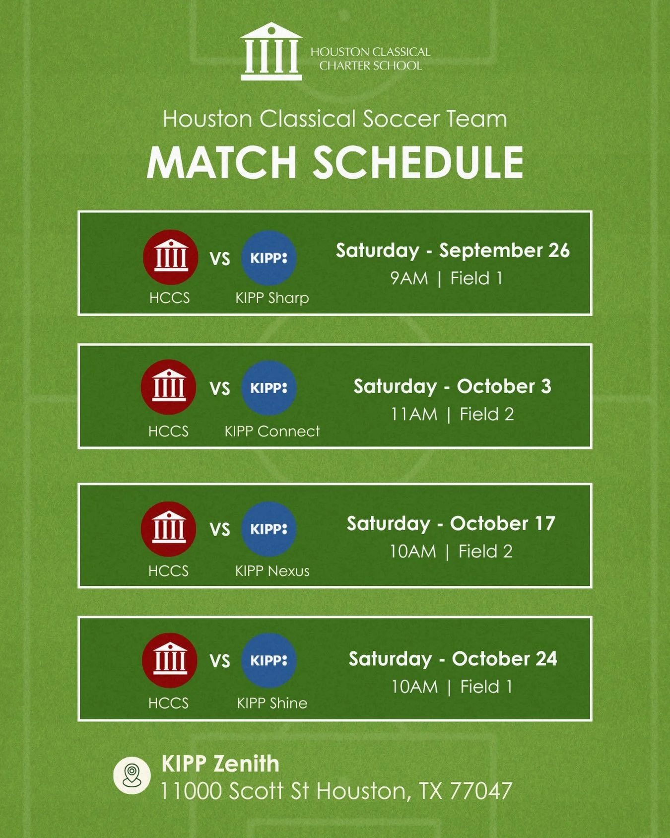 We&rsquo;re excited to share our 2026&ndash;2027 HCCS Soccer Team&rsquo;s upcoming games! ⚽️

Our Head Coach, Mr. Barbosa, is looking forward to an exciting season and encourages ALL HCCS families and community members to come out and support our sch