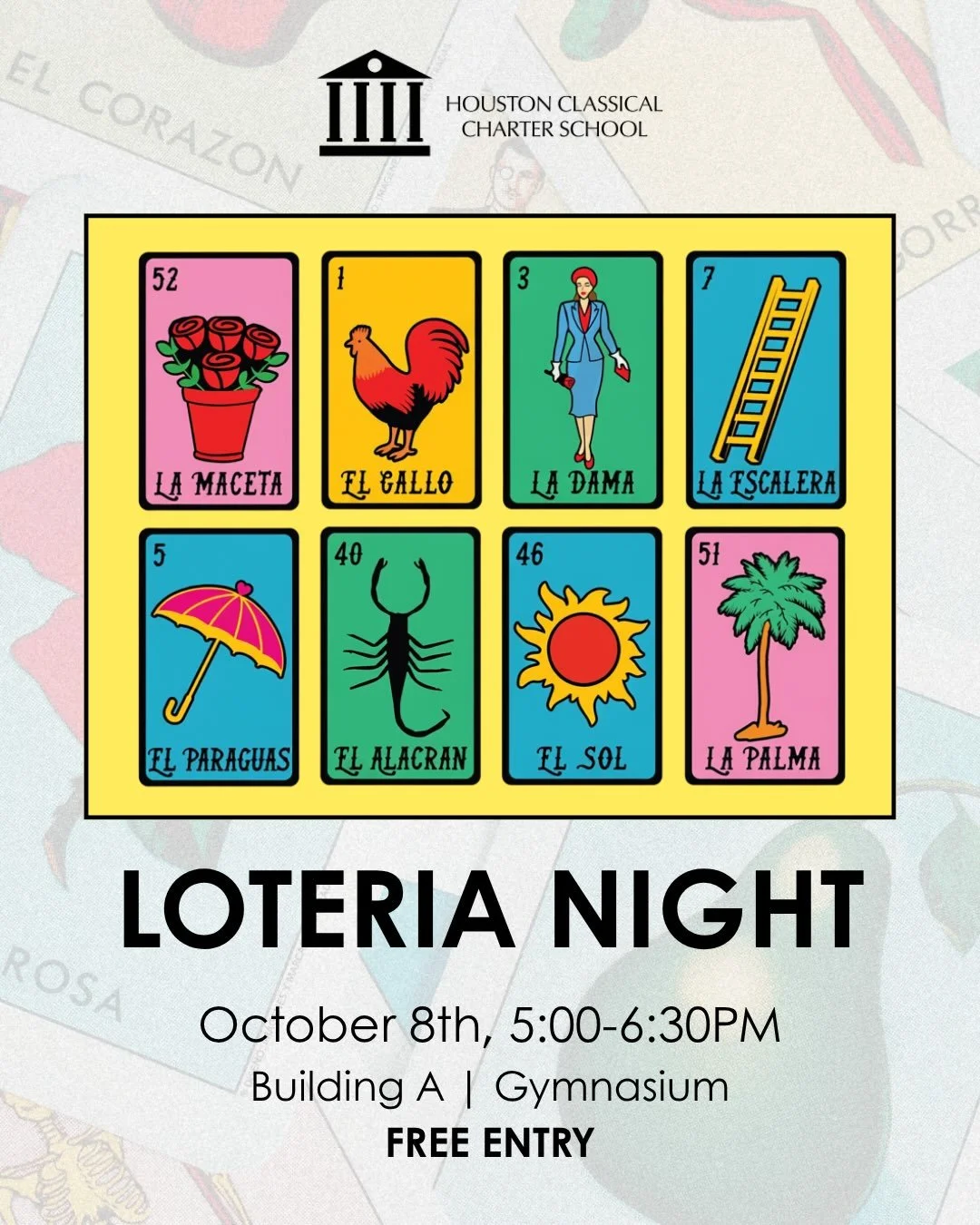 We are excited to announce our upcoming Loter&iacute;a &amp; Potluck Night on October 8th! 🃏✨

In celebration of Hispanic Heritage Month, we look forward to gathering with our HCCS families for an evening of fun, laughter, and community! Families wi