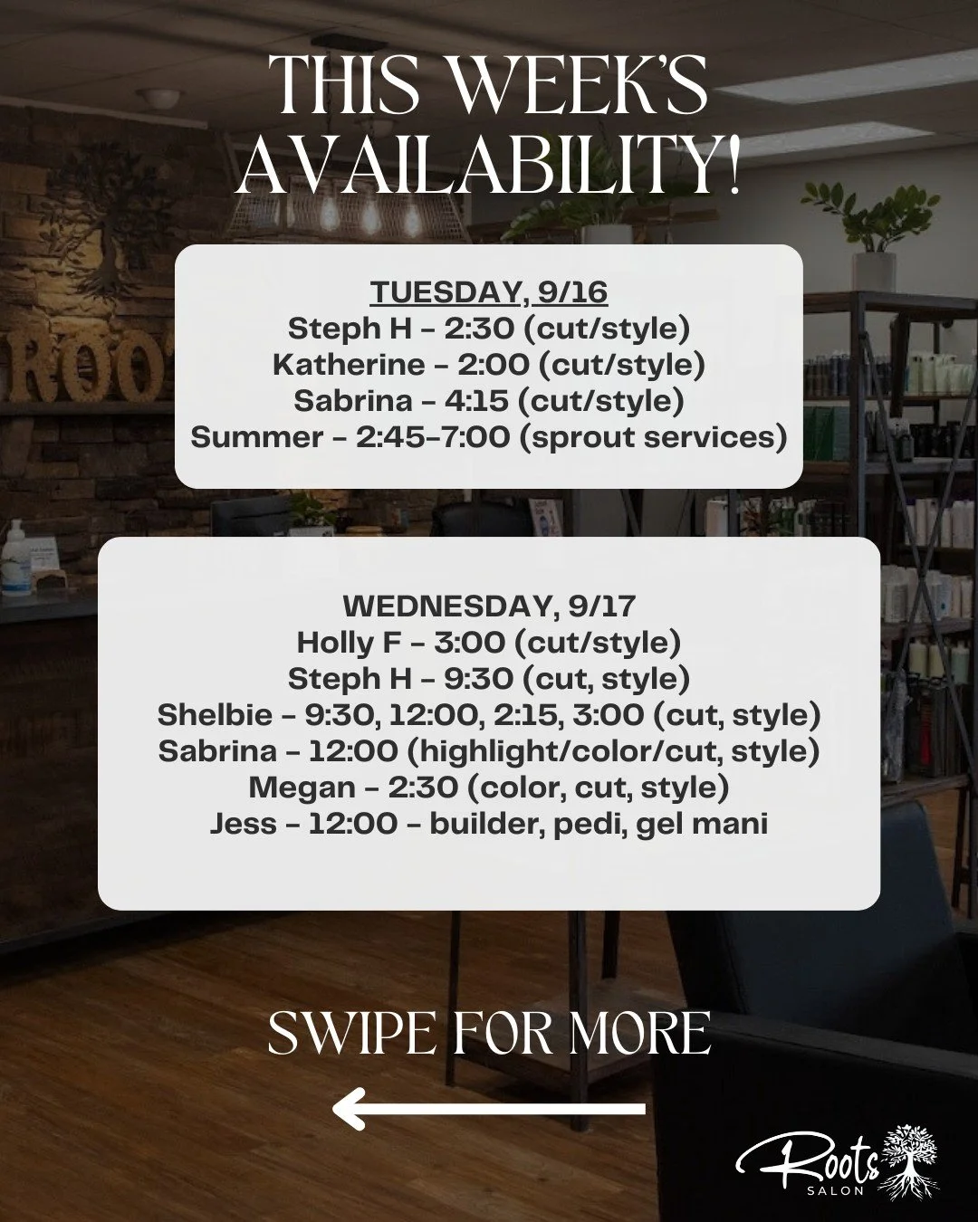 We have some openings this week! Call the salon to schedule or book online at loveroots.salon!