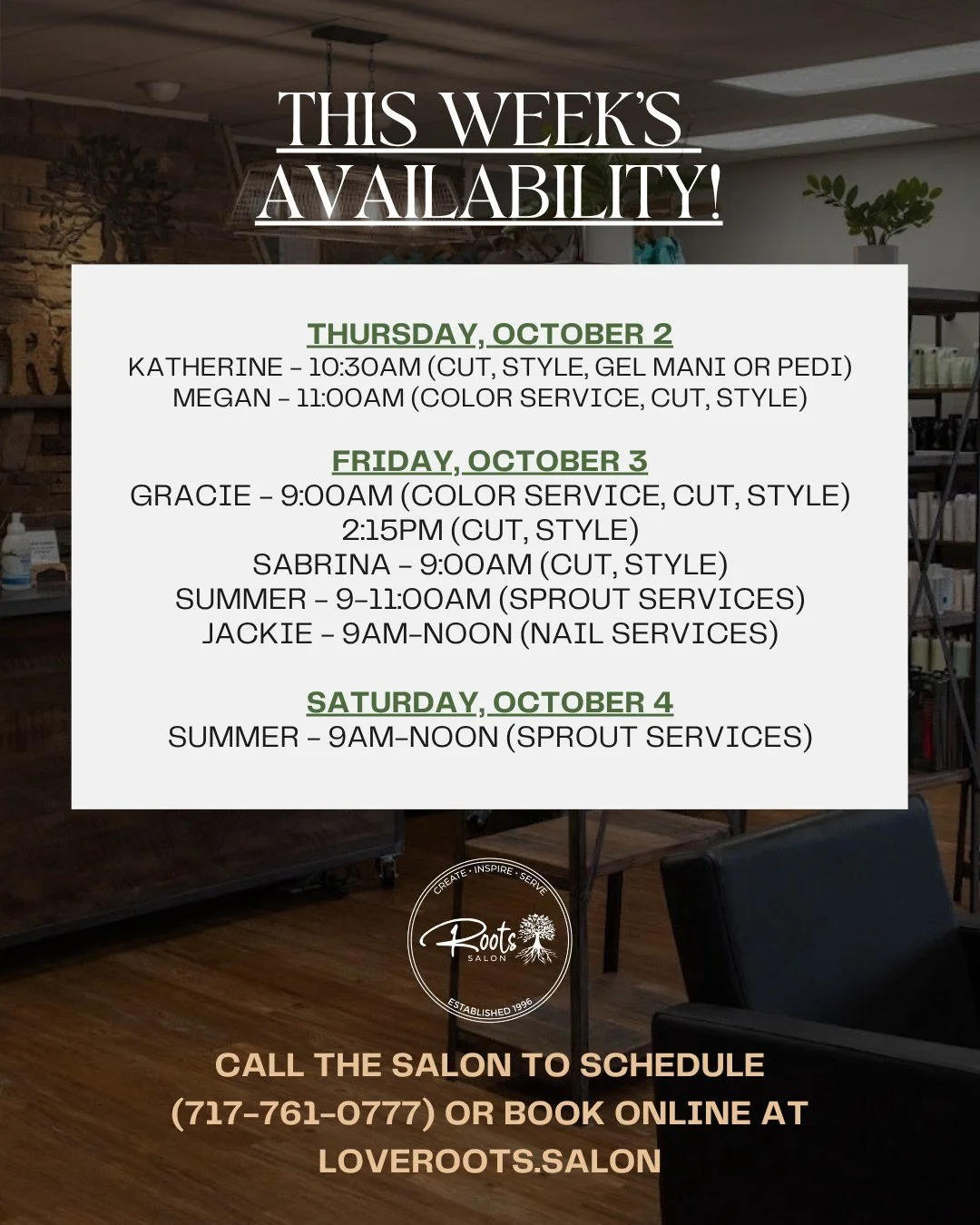 Call the salon or book online while appointments are available!