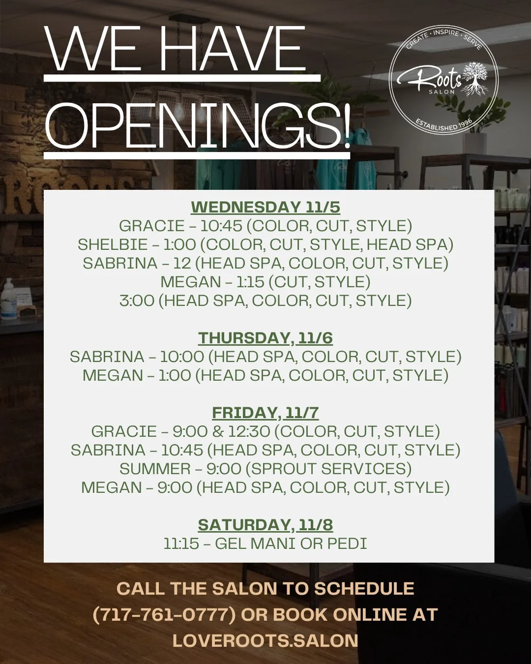 We have some openings for this week!