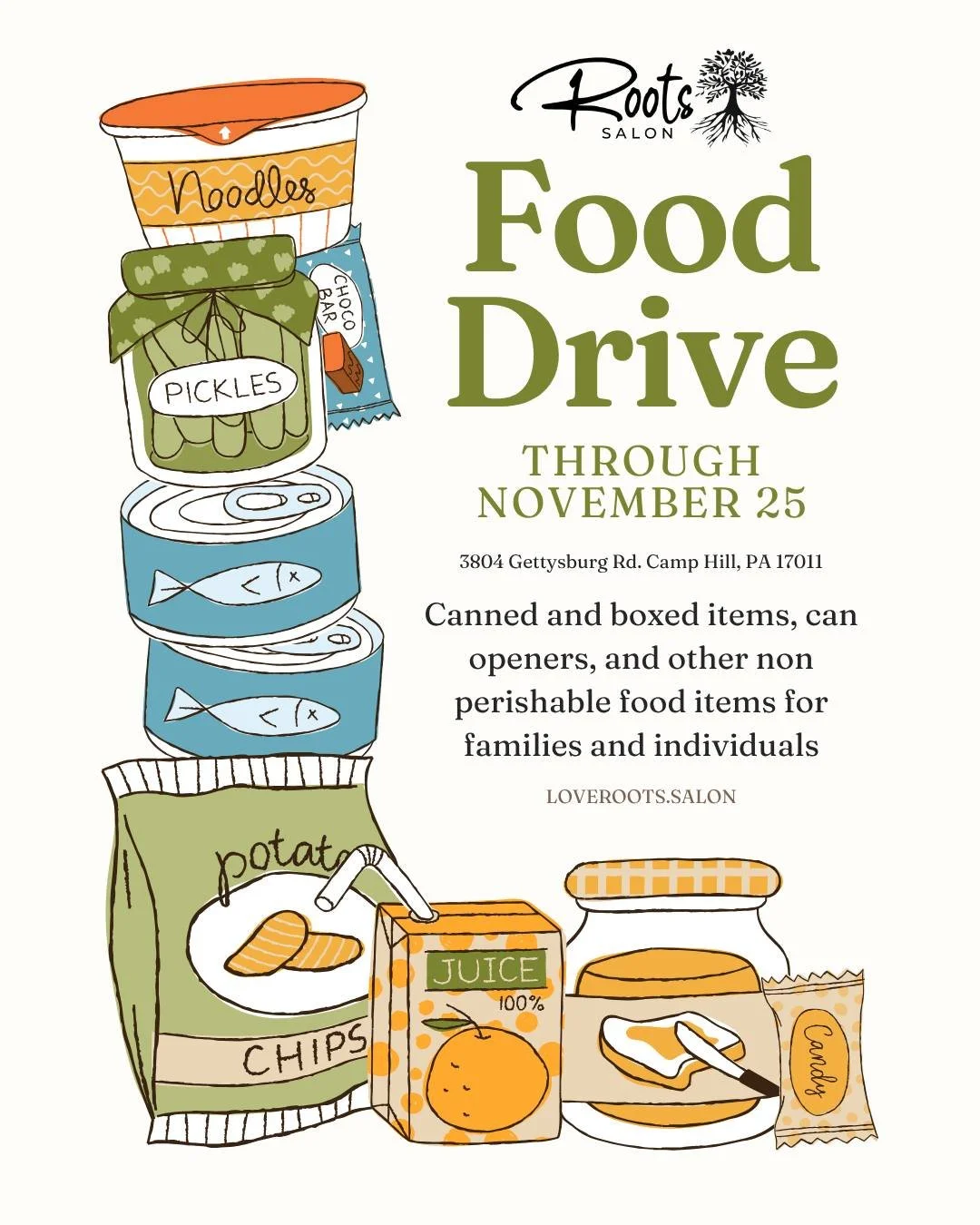 ✨ Let&rsquo;s make a difference together! ✨
We&rsquo;re excited to team up with New Hope Ministries for a Food Giveaway &mdash; and we need your help!

Donate non-perishable food items at Roots Salon anytime from now until November 25.
Your generosit