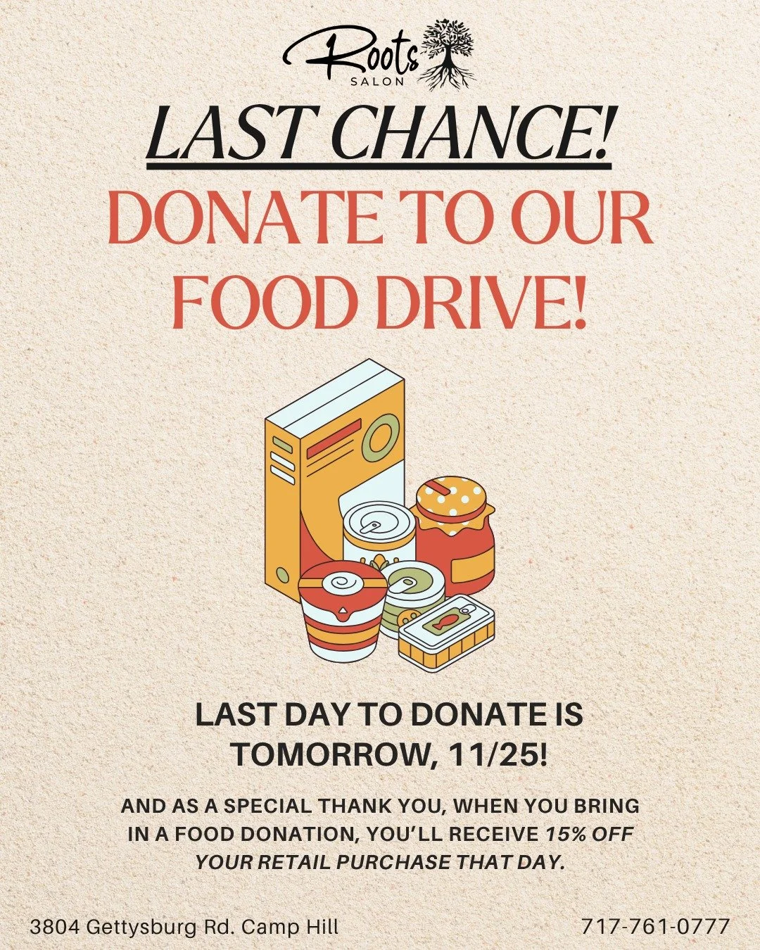 🥫❤️ Final Reminder: Roots and New Hope Ministries Food Drive! 

There&rsquo;s still a little time left to donate! Our Food Drive with New Hope Ministries wraps up on November 25, and we&rsquo;re still collecting non-perishable food items to support 