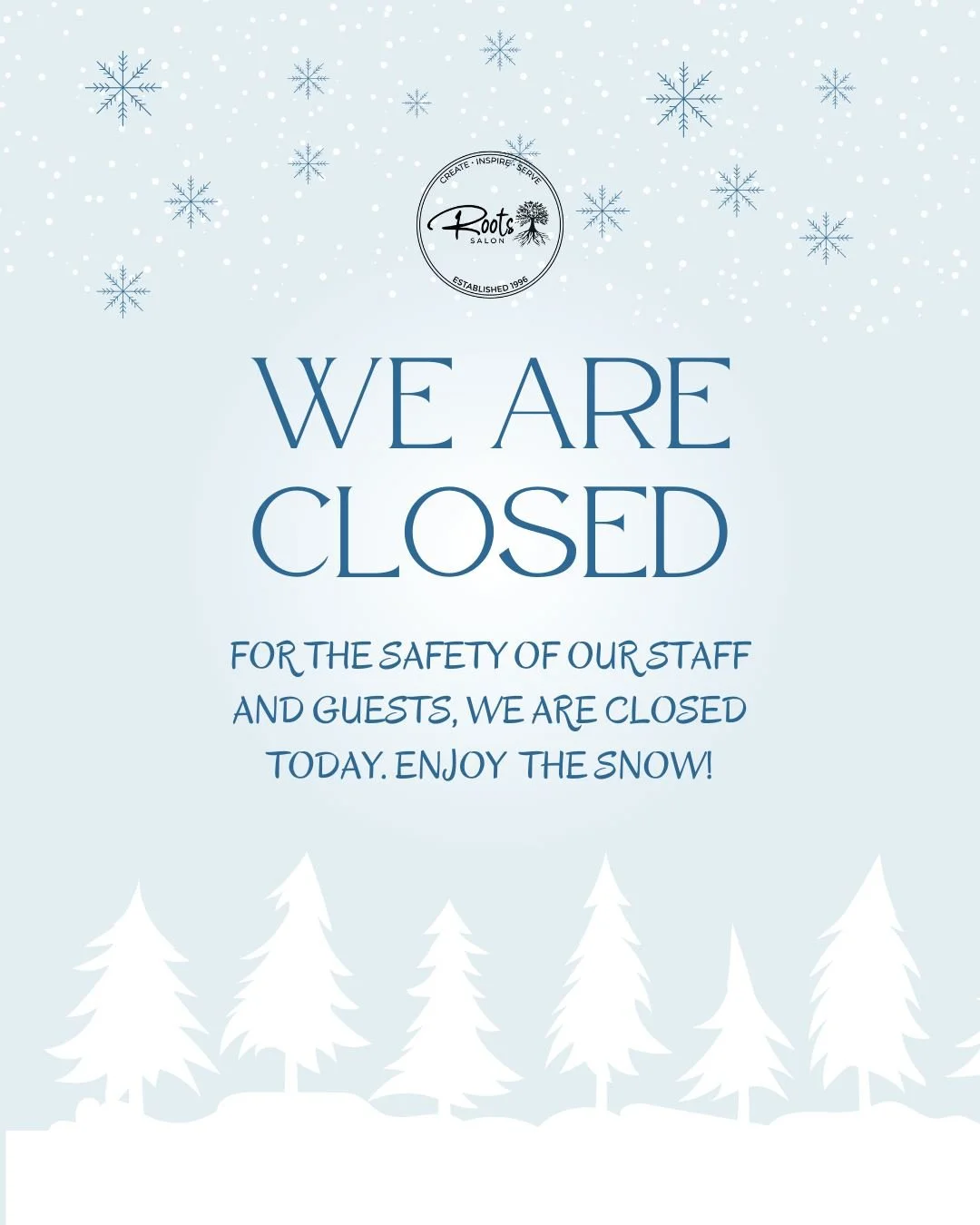 For the safety of our staff and guests, Roots Salon is closed today. Please enjoy the snow, stay safe, and stay cozy! ☕️✨

A huge thank you to our plow teams who are out working hard to keep roads and parking lots clear &mdash; we appreciate you! 🤍?