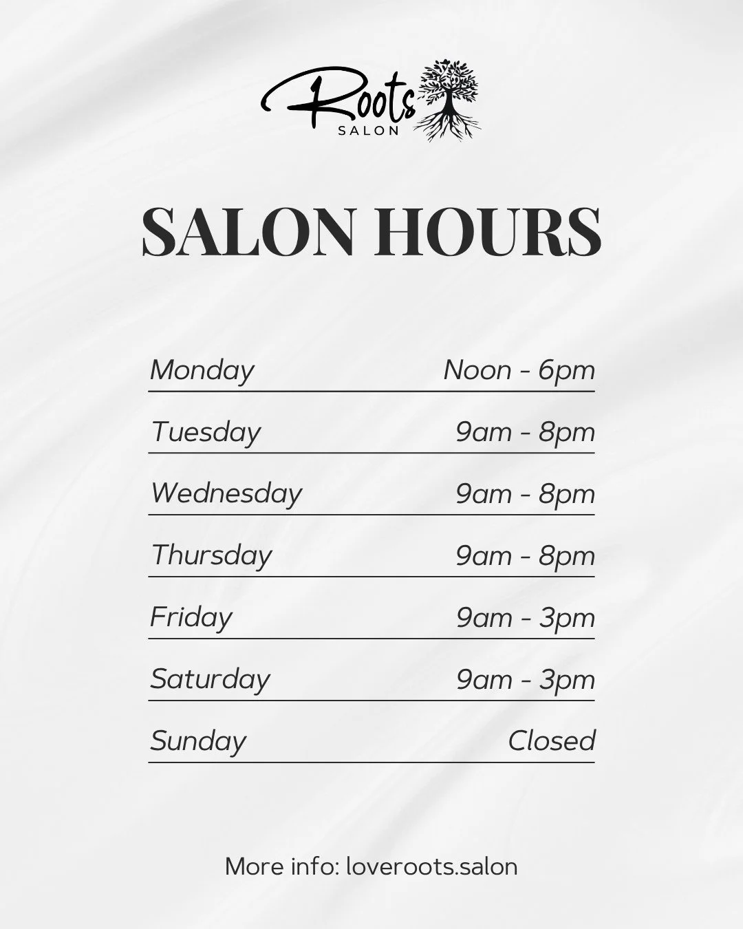 We&rsquo;re here for your hair, nails, and self-care moments.
Take a look at our hours and book your next appointment when it works for you!

✨ loveroots.salon
