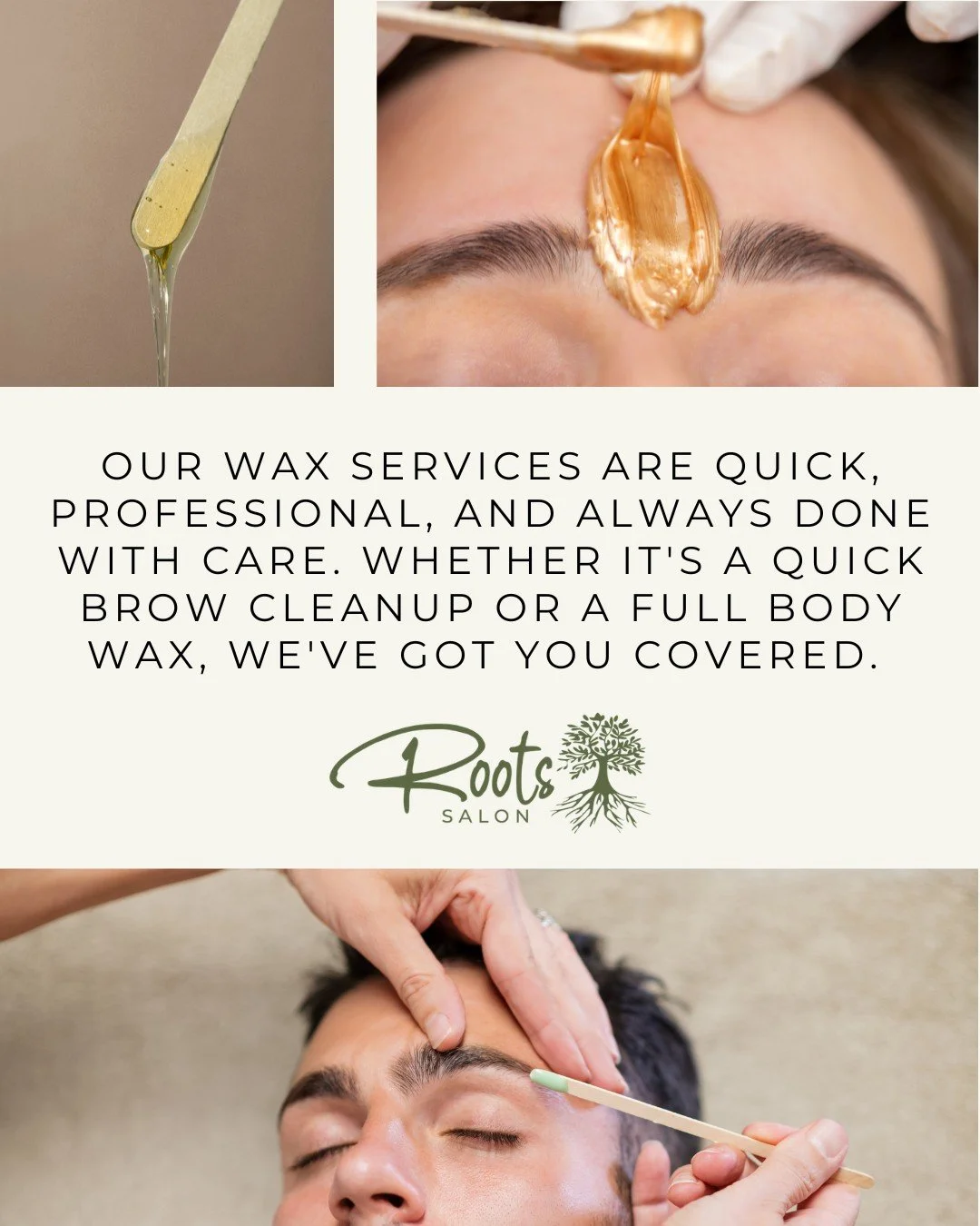 Wax on, wax off! 🤣 Our wax services are speedy, pro, and always done with TLC. Whether it's a brow tidy or a full-body smooth-out, we've got your back (pun intended). Book at loveroots.salon!