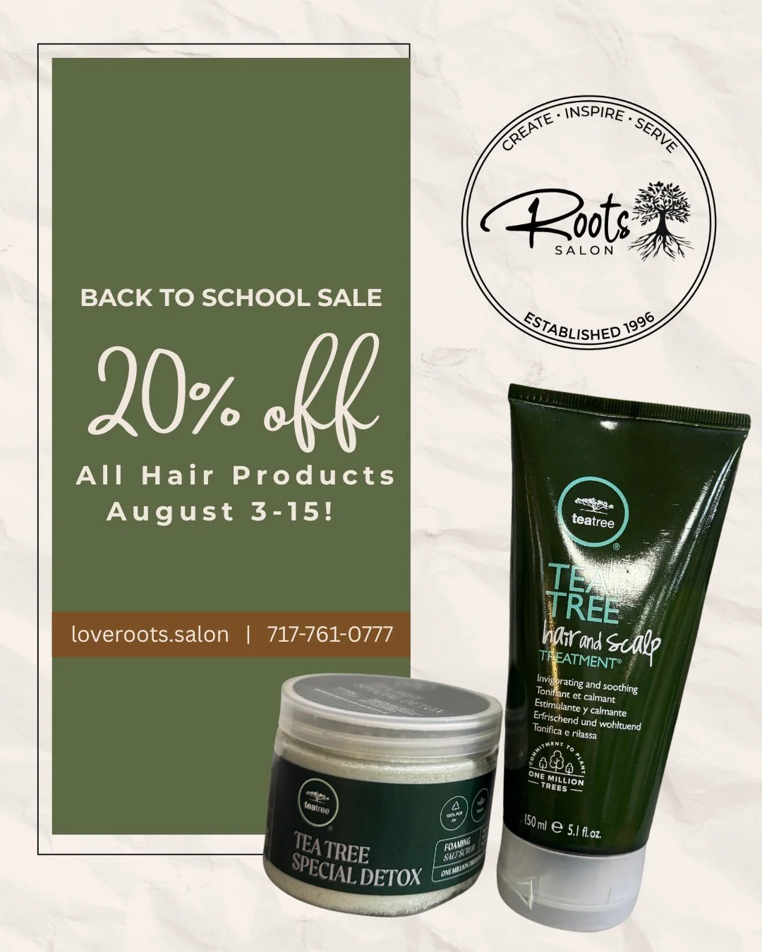 Back to school calls for a little treat. All hair products are 20% off and everything on our sale table is 40% off through August 15th. Come shop before it's gone!