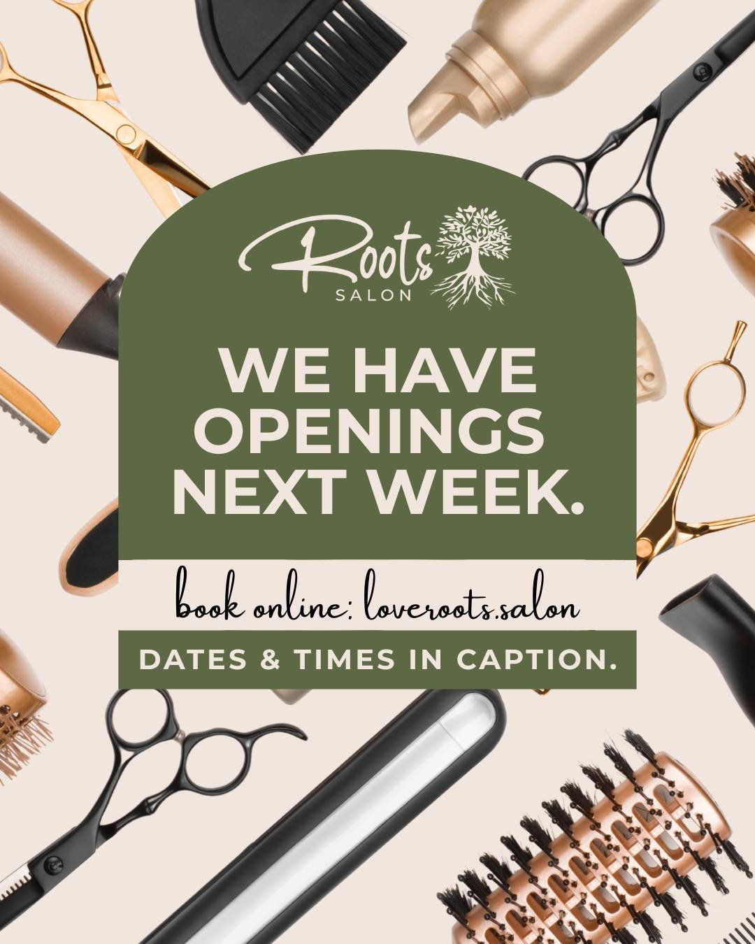Openings next week at Roots!

Monday, August 10
1:30&ndash;4:00pm &mdash; Color services or head spa

Tuesday, August 11
5:00&ndash;8:00pm &mdash; Color services or head spa
3:00&ndash;8:00pm &mdash; Sprout color services

Wednesday, August 12
12:15&