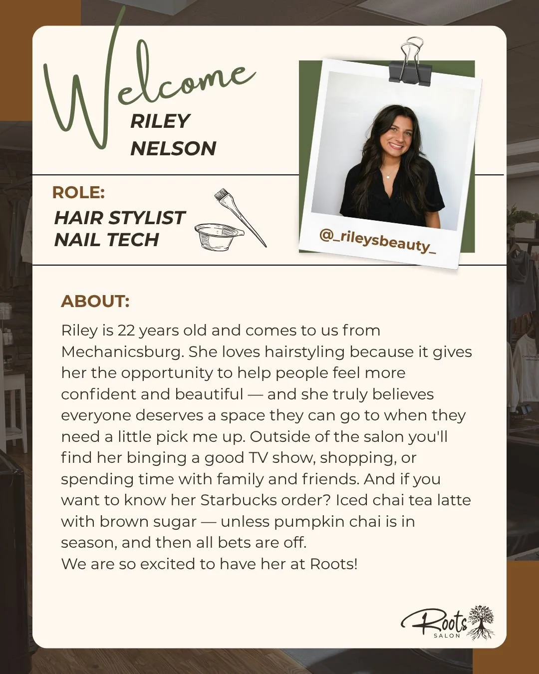 Welcome, Riley, to the Roots team!
Riley is now accepting hair and nail clients - you can book online or call the salon!

Follow Riley on insta: @_rileysbeauty_