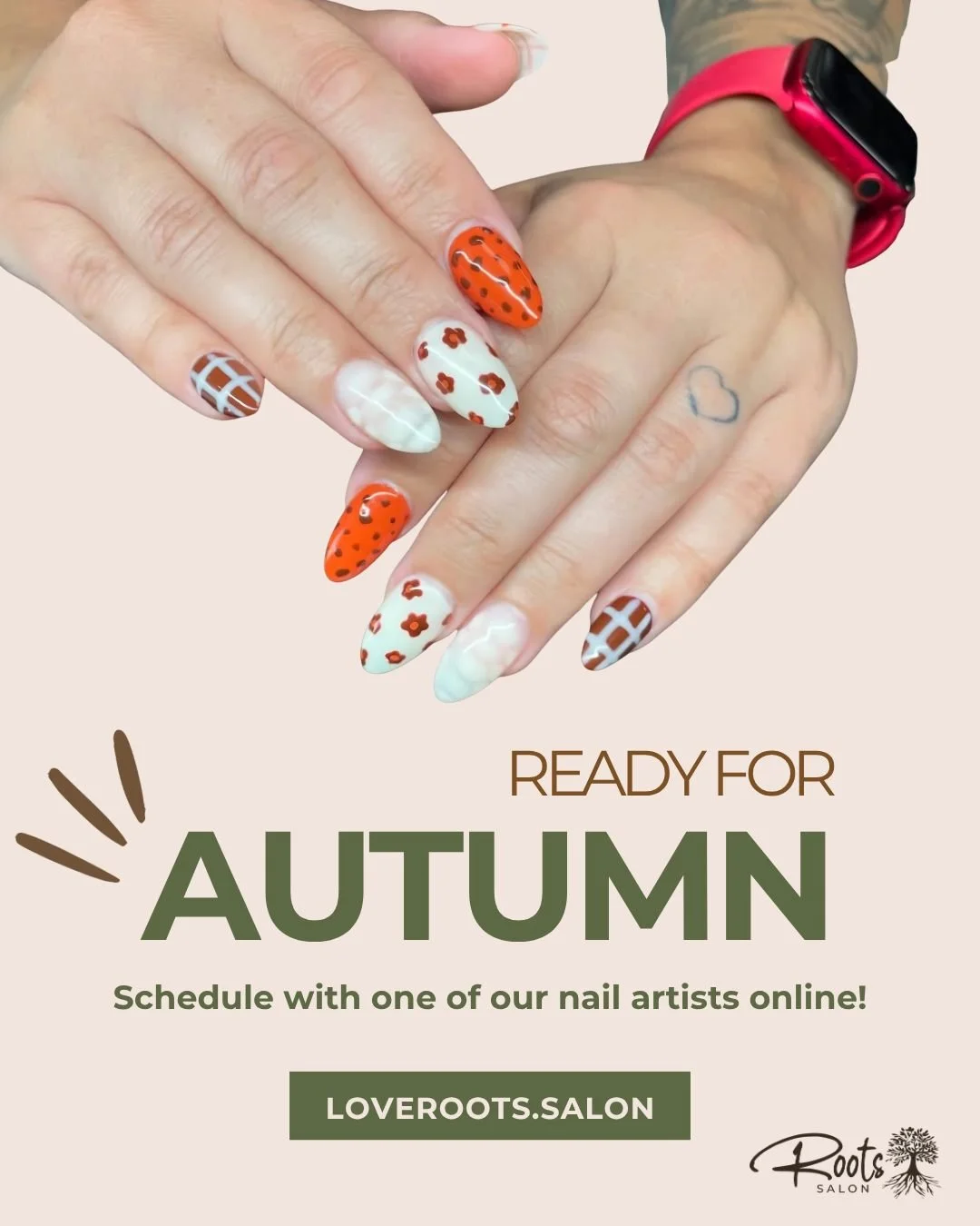 PSL season officially means it's time to match your nails to your latte. 🍂 Our nail artists are ready for all the deep, rich, cozy fall shades you've been eyeing. Come in and let's get your nails ready for autumn. Book at loveroots.salon!