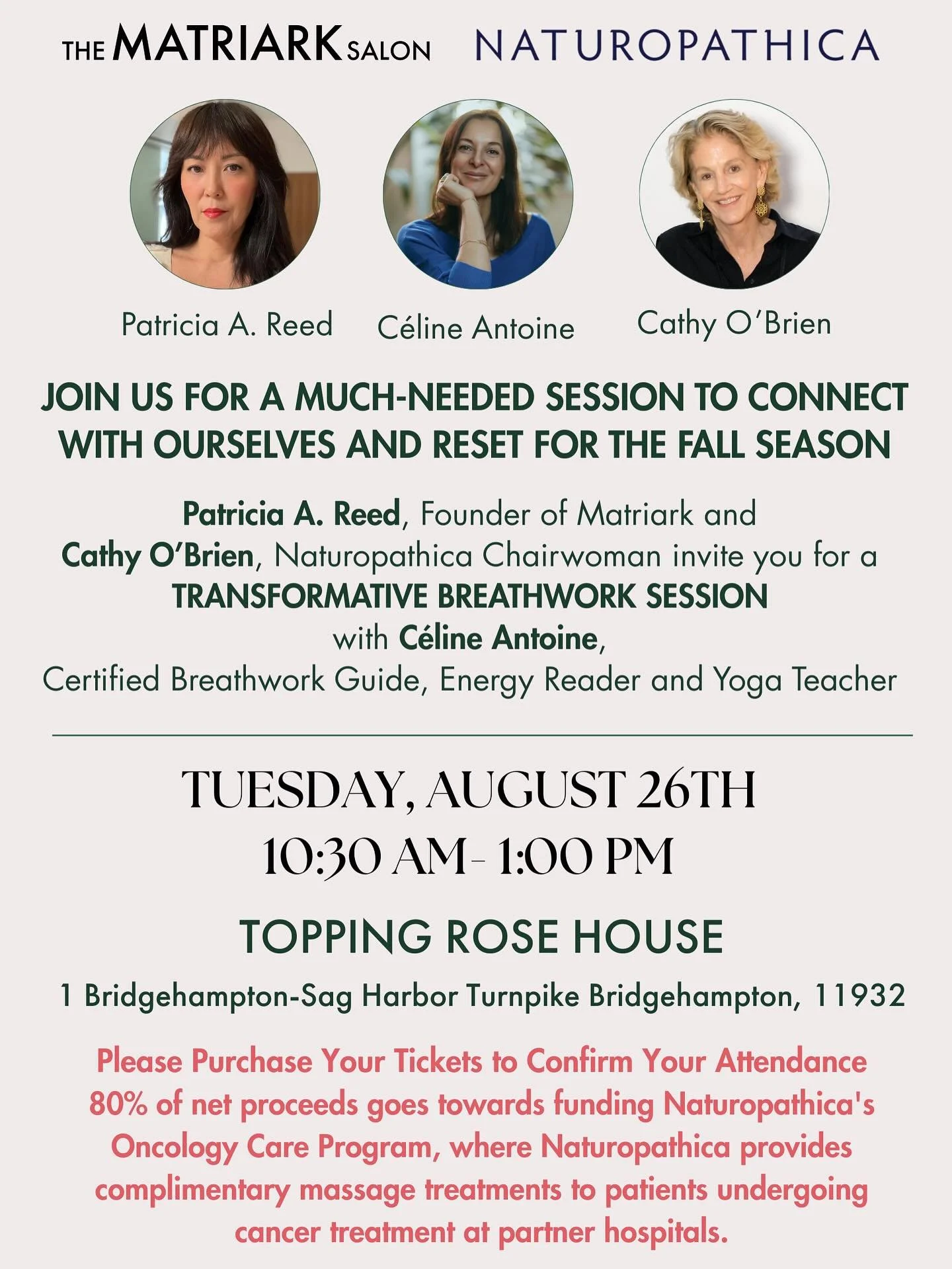 🌟I&rsquo;m honored to collaborate with @matriarkofficial and @naturopathica and to lead a transformative breathwork on Tuesday August 26th at Topping Rose House in Bridgehampton at 10.30am. 
⁣
🌟This active breathwork is a potent tool to release str