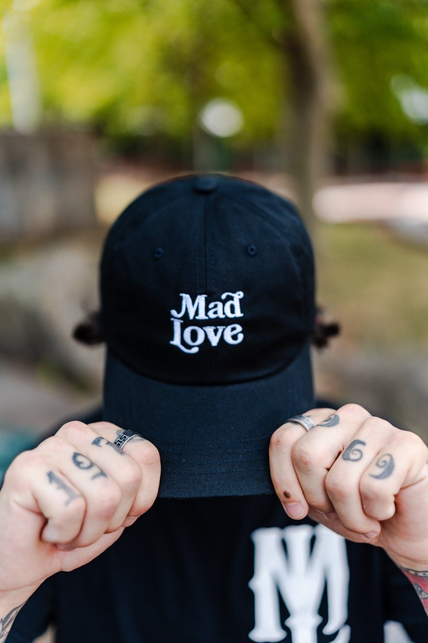 white on black dad hat