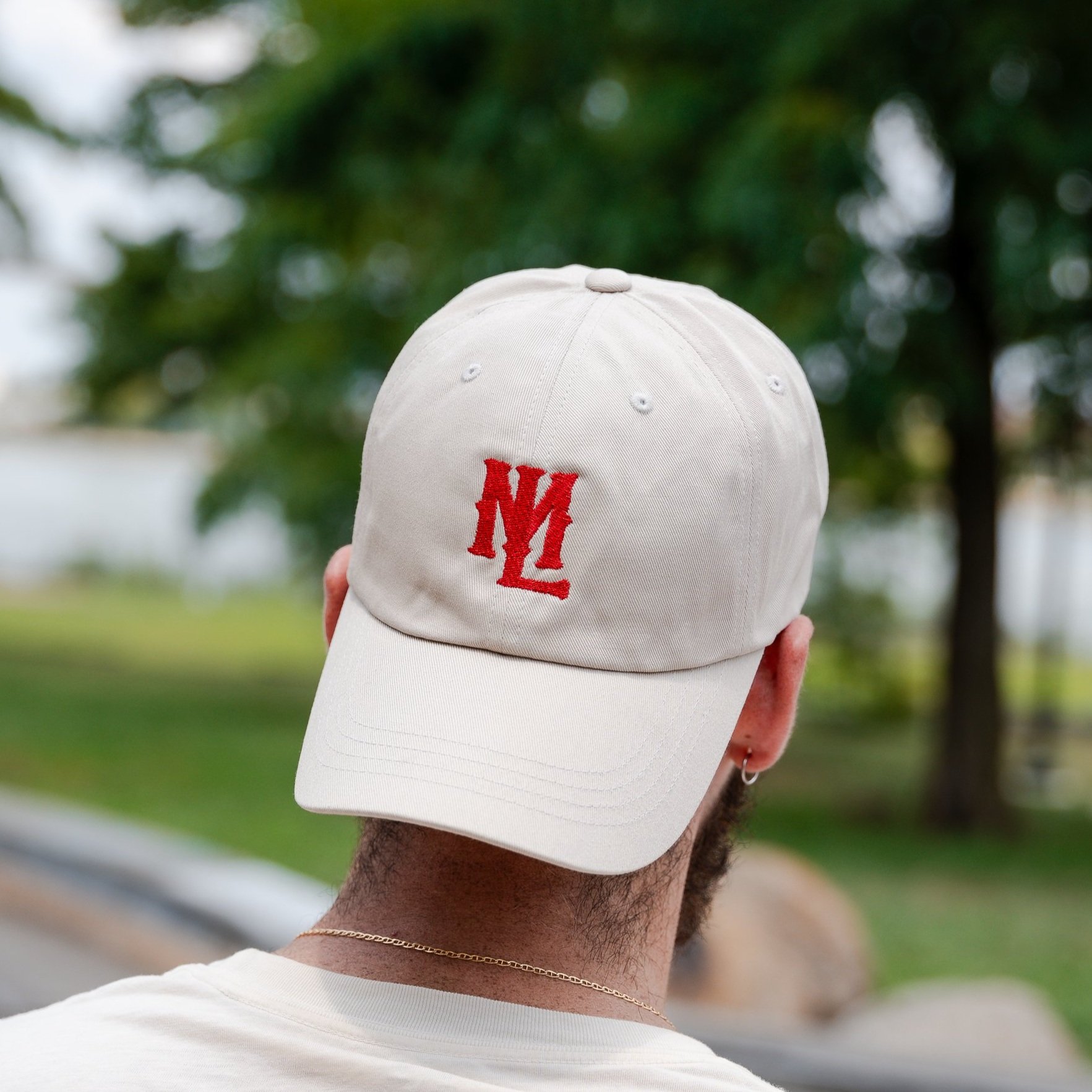 red on tan baseball logo dad hat