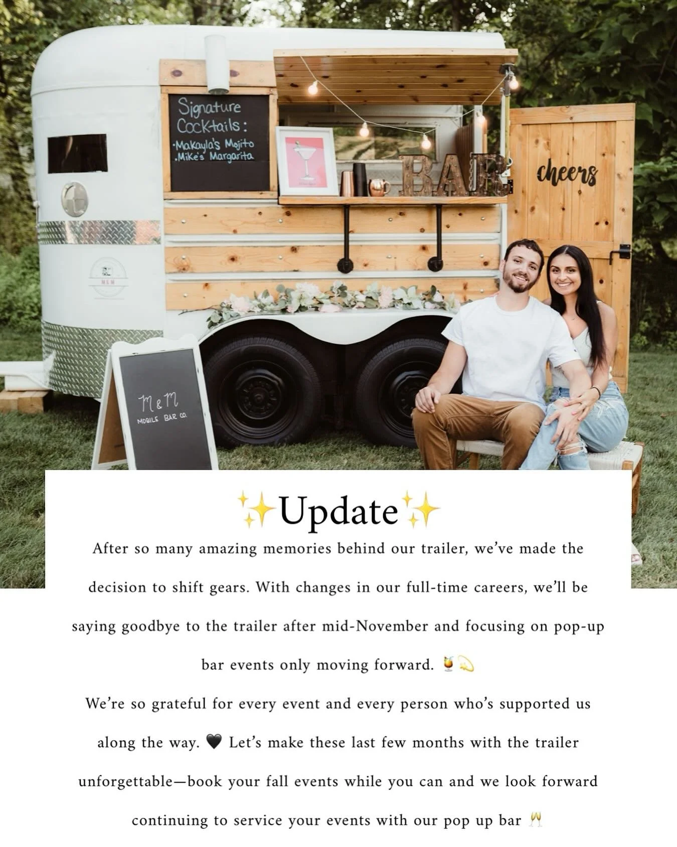 Update from M&amp;M✨looking forward to continuing to service your events with our pop up bar(s) in the future😊🍾