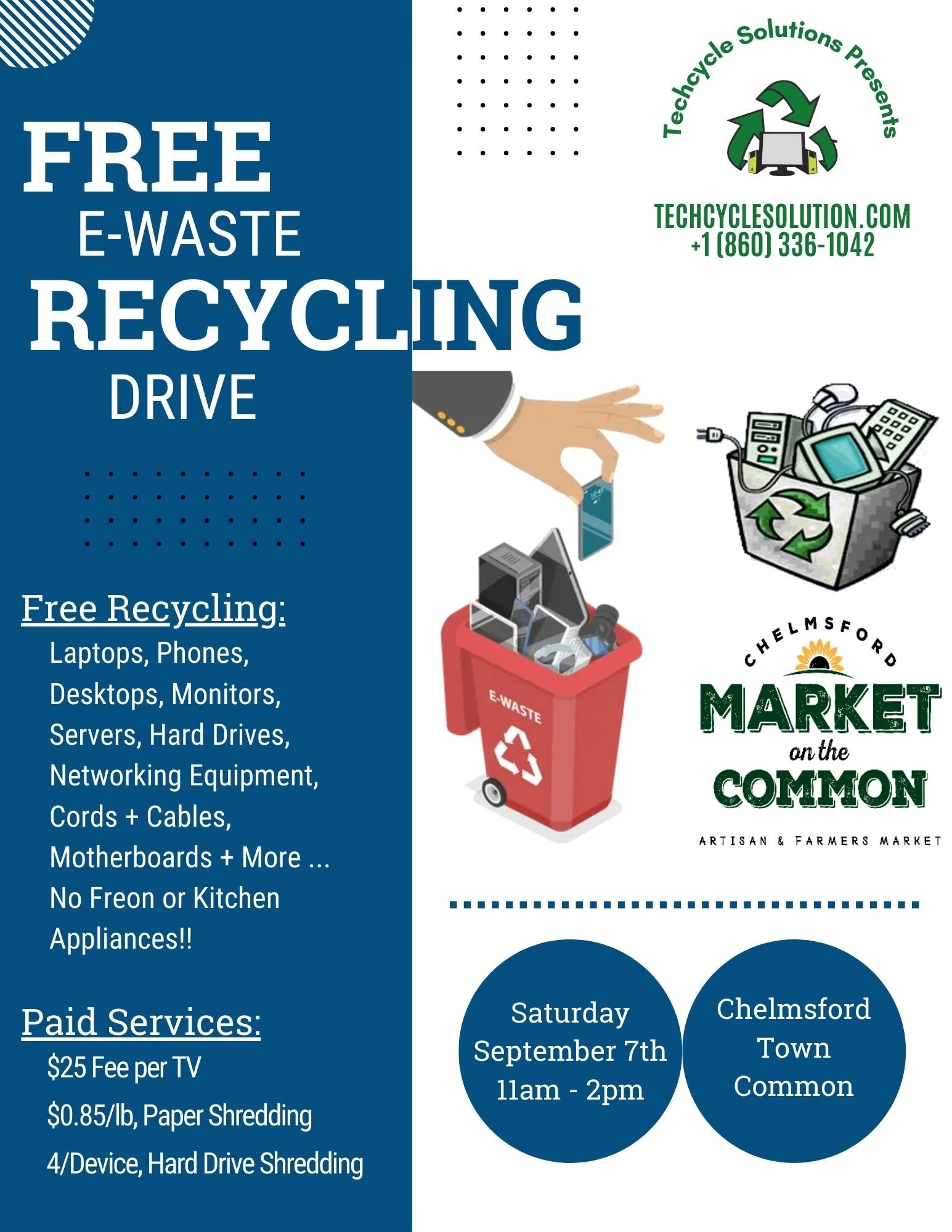 Flyer for a free e-waste recycling drive at Chelmsford Market on the Common on Saturday, September 7th from 11 am to 2 pm. The flyer includes contact information for TechCycle Solution and features illustrations of electronic waste items such as comp