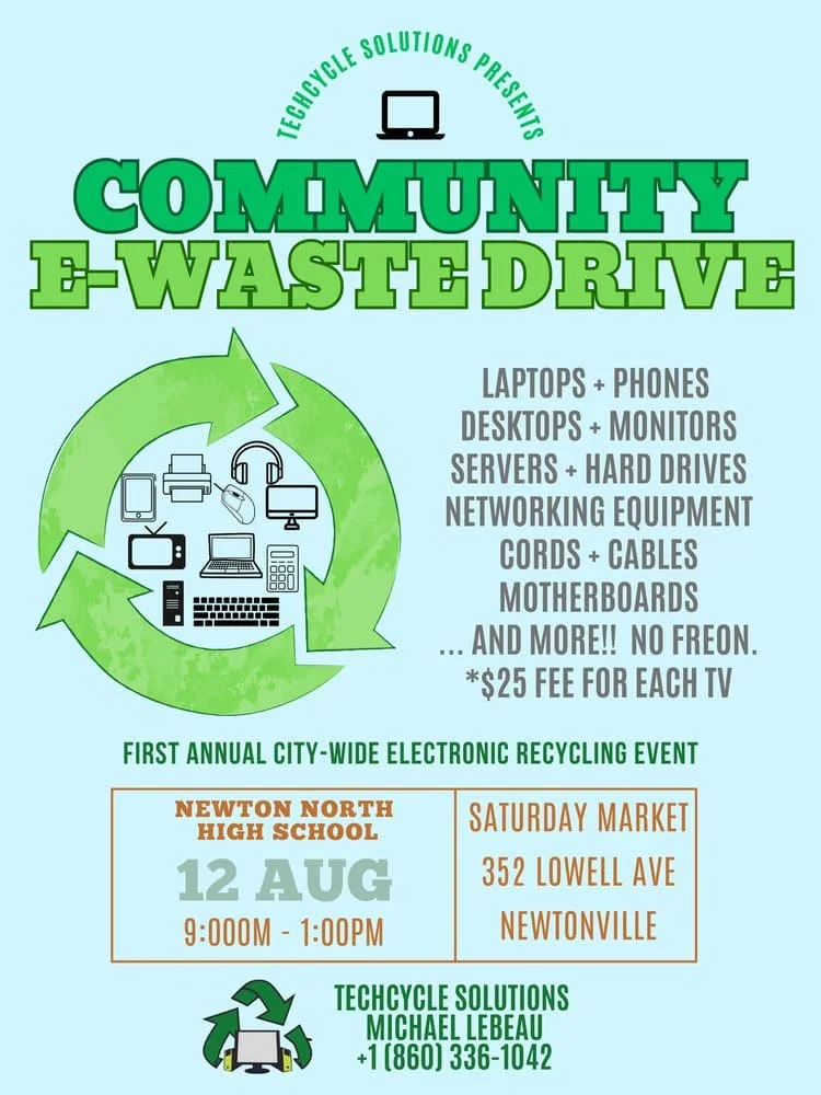 Electronic recycling, E-waste, Hard drive destruction, Hard drive shredding, Data Destruction, Computer recycling, Techcycle Solutions, E-waste events, IT Asset Disposition Services, Recycling events, electronic waste disposal