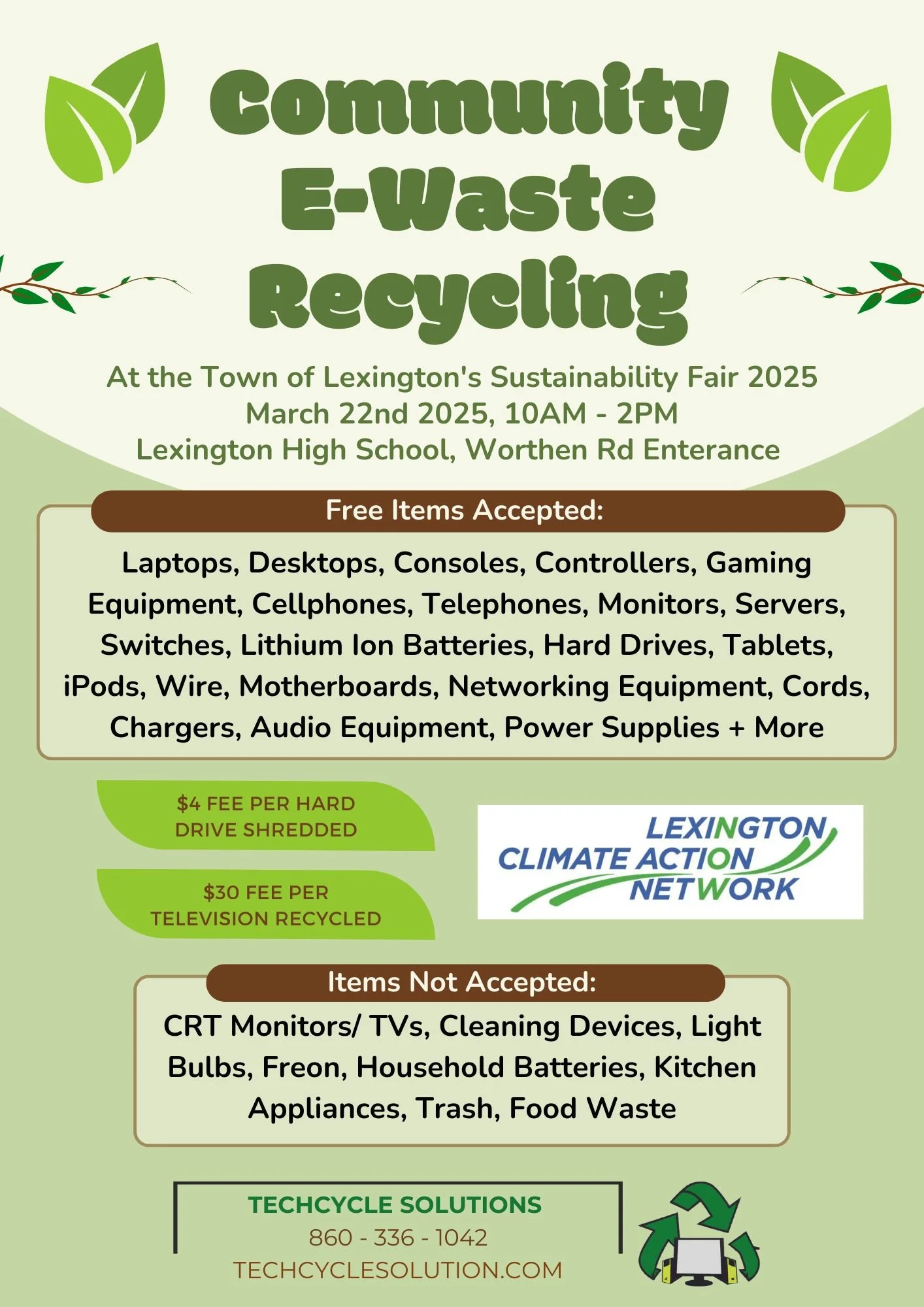 Flyer advertising a community e-waste recycling event on March 22, 2025, from 10 AM to 2 PM at Lexington High School, featuring accepted items like laptops, desktops, gaming equipment, cellphones, and more, with fee details and contact information.
