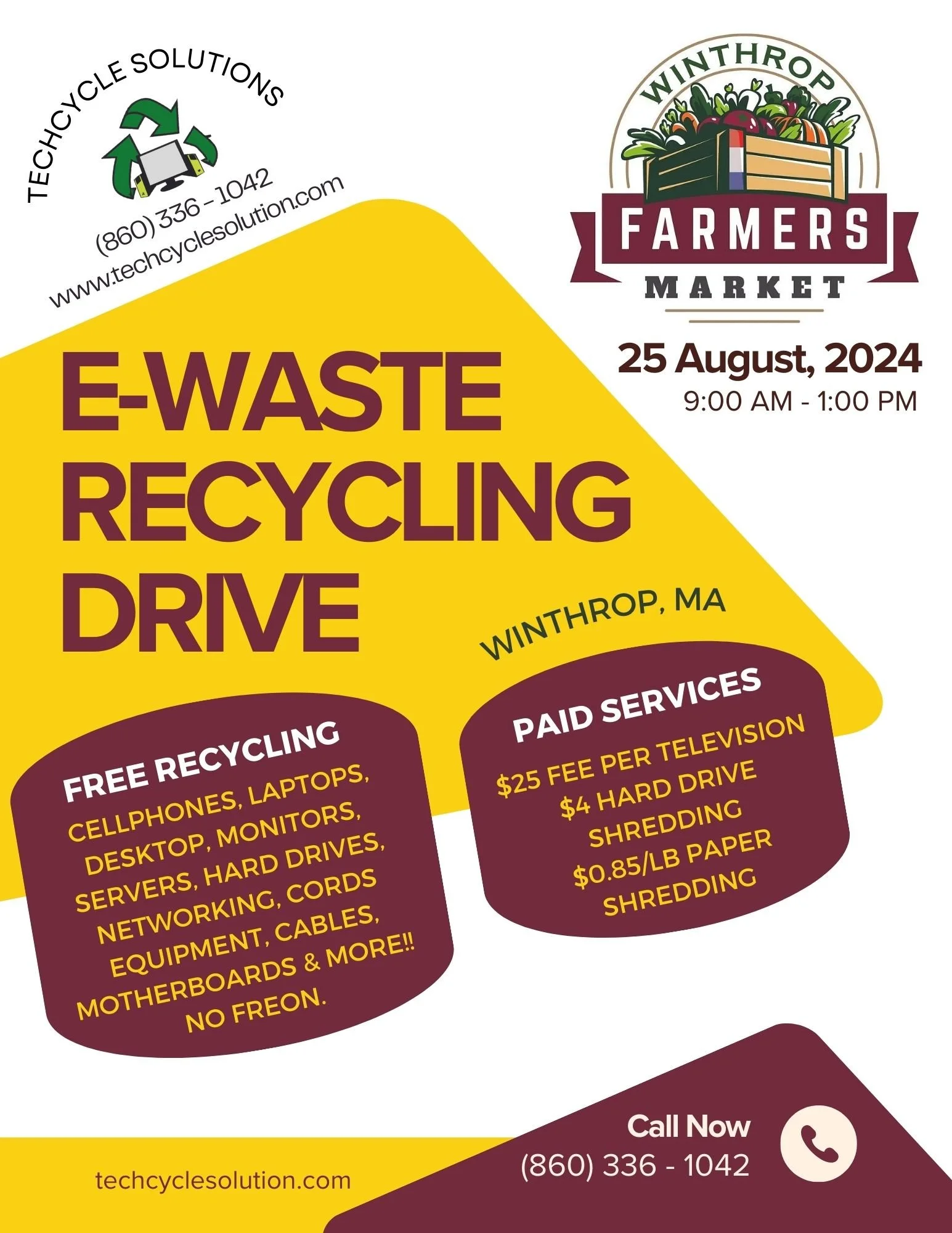 Flyer for Winthrop Farmers Market's E-Waste Recycling Drive on August 25, 2024, from 9:00 AM to 1:00 PM. Includes free recycling for electronics and paid services for shredding and hard drive services, with contact information and website.