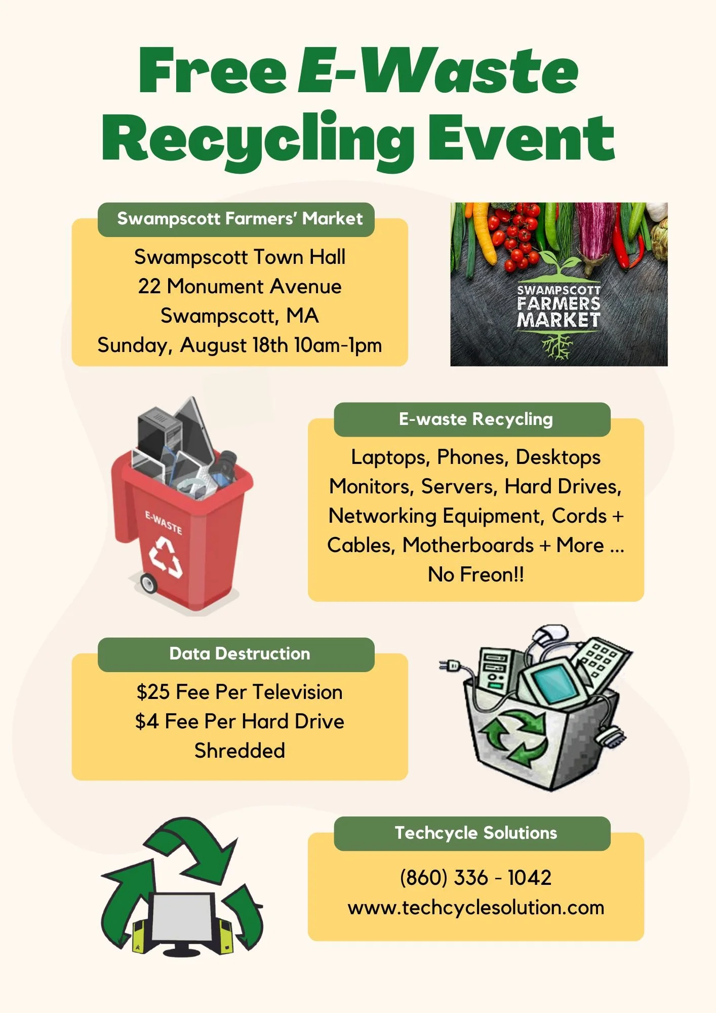 Flyer for a free E-waste recycling event hosted by Swampscott Farmers Market at Swampscott Town Hall on August 18th from 10am to 1pm. The flyer includes details for recycling electronics, data destruction fees, and contact information for Techcycle S