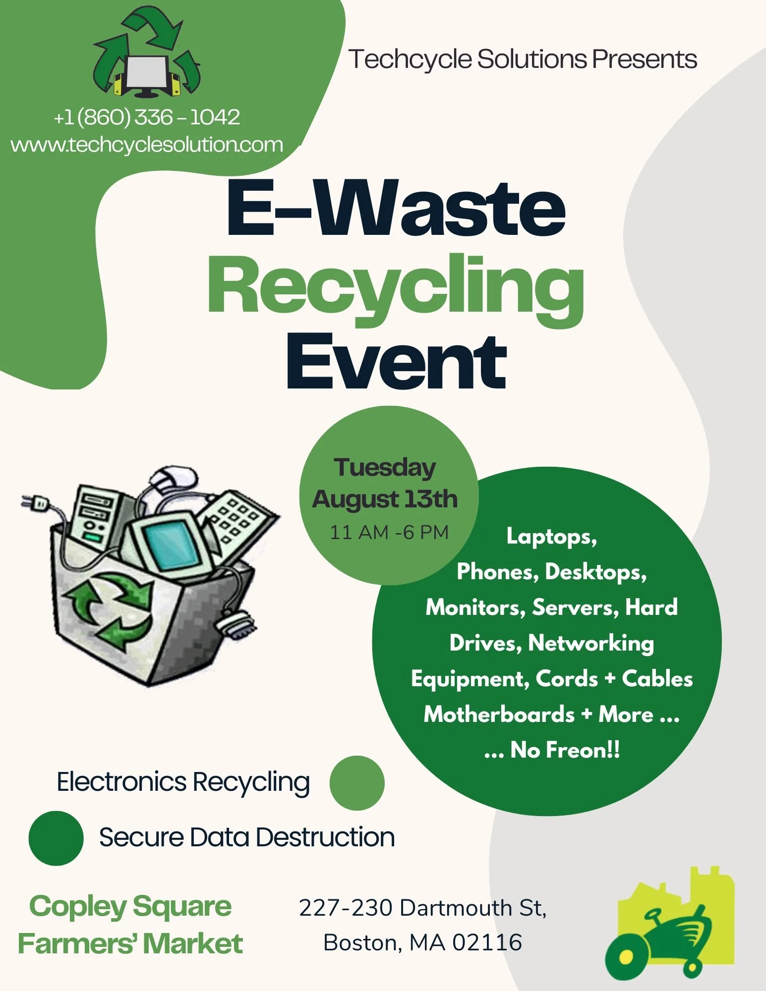 Flyer for E-Waste Recycling Event presented by Techcycle Solutions, including date, time, location details, and list of electronic items accepted, with graphics of a recycling bin filled with electronics and a green tractor icon.