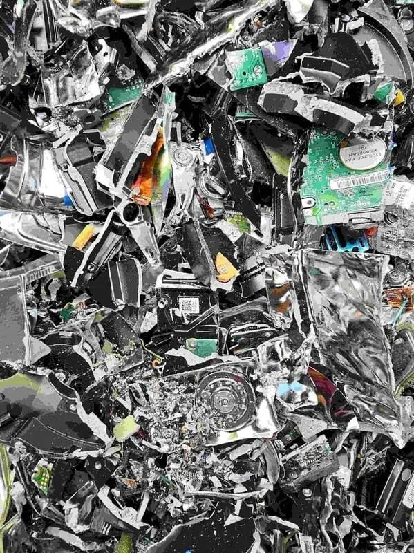 A bin of shredded hard drives from a secure data destruction service in Massachusetts" (includes secure data destruction and Massachusetts
