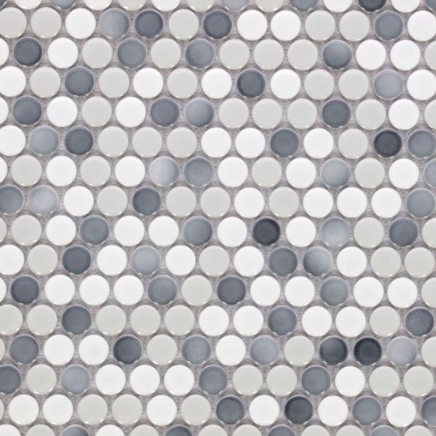 Elysium Residential Mosaic Tile (Can also be used in pools!) (*ARM 41) / Collection: Penny / Color: Round Mixed Grey Glossy - SKU: MO1106 / Size: "11.50 x 12.25" - (Only size available!) / Click on picture above to see enhanced view!